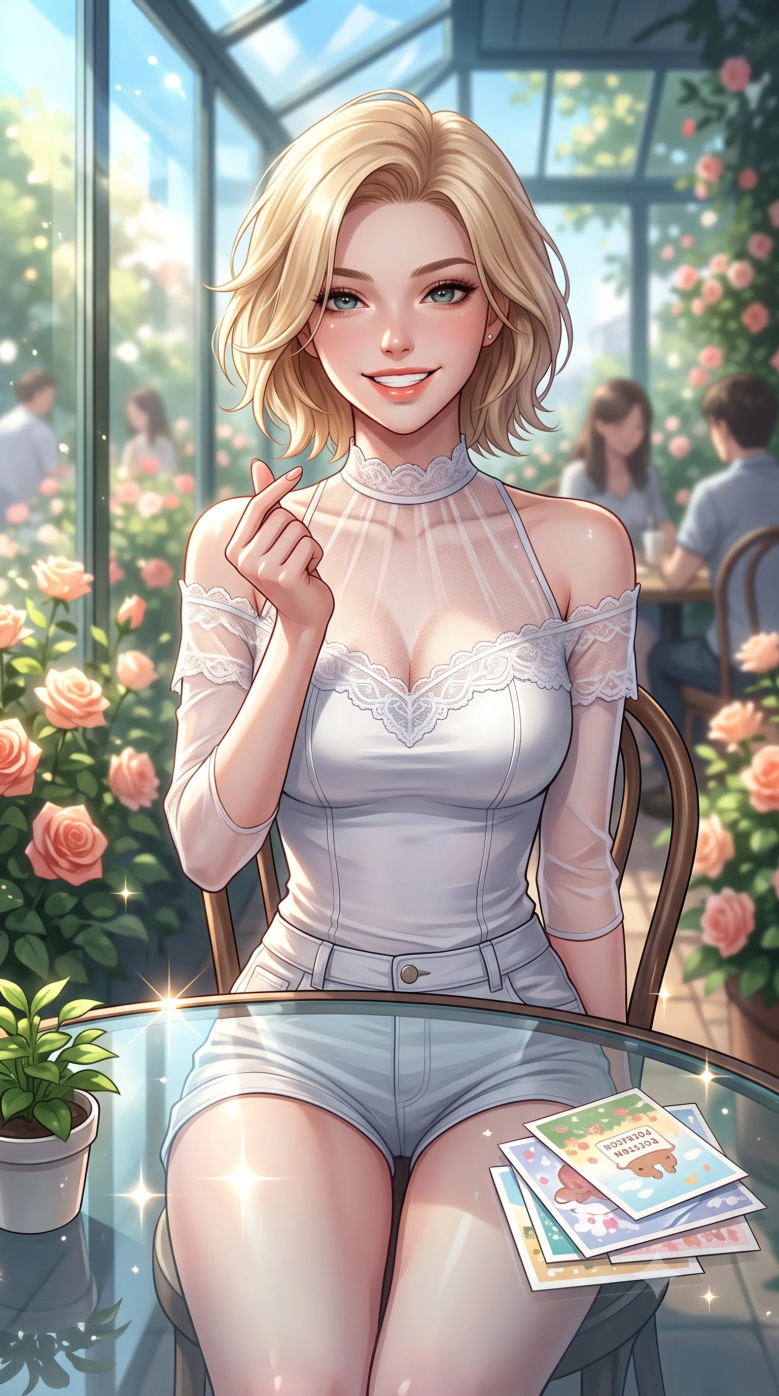 score_9, masterpiece, best quality, ultra-detailed, high-budget anime keyframe, editorial fashion photography, tasteful artistic composition, Caucasian woman. close-up cowboy shot from the waist and thighs up, the character dominates the composition, filling the frame with her large presence, background elements kept in soft focus. flashing a bright, sunny grin, holding her fingers in a cute small heart shape set against a soft-focus background of in a quiet corner table of a glass-walled garden cafe surrounded by roses with a small green plant and a stack of cute design postcards on the table. She has an exceptionally elegant, slender, and willowy female figure with an ultra-slim waist, a gracefully sculpted slender torso, and a refined silhouette. sharp v-shaped jawline, high-bridge nose, intricate jewel-like eyes with depth, thick eyelashes, glossy lips with a natural sheen. wearing tailored delicate lace-trim off-shoulder blouse paired with a sheer mesh overlay and form-contouring mini shorts. bright daylight reflecting off the glass table and creating sparkling glints. highly saturated vibrant anime colors, detailed shading with soft gradients, rich glossy textures, high-contrast stereoscopic depth, volumetric dynamic lighting, master piece, 9:16 ratio