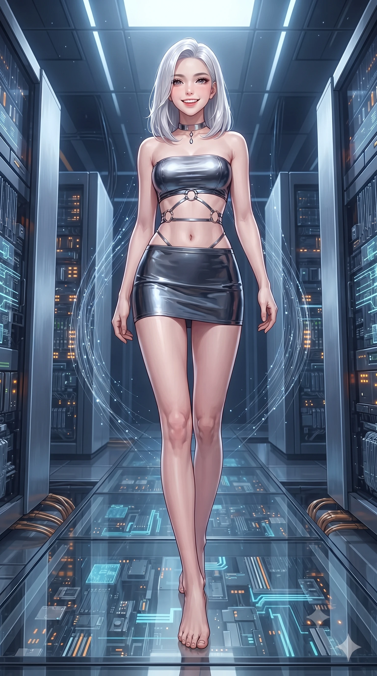 score_9, masterpiece, best quality, ultra-detailed, high-budget anime keyframe, editorial fashion photography, tasteful artistic composition, Korean woman. low angle full-body shot from head to toe showing her feet, filling the entire 9:16 vertical frame with her statuesque presence, stretching her vertical silhouette. stepping slowly toward the camera with hypnotic grace, hips swaying in an alluring sensual rhythm that accentuates her curvy hourglass silhouette and long slender legs while standing poised along the suspended glass gantry between towering quantum computing monoliths, arching her lower back as cascading fiber-optic data pulses shimmer. The surrounding environment is rendered in vivid detail and crisp panoramic clarity: sharp brushed titanium server housings, intricate crystalline micro-circuits beneath glass flooring, and glowing bus-bar conduit details in deep focus. She has an exceptionally tall and slender model-like 8.5-heads proportion, an ultra-slim waist, a flat toned midriff, narrow delicate ribcage, and beautifully sculpted feminine hips creating a graceful, slim hourglass silhouette without any bulky heaviness, with impossibly long slender legs. sharp v-shaped jawline, high-bridge nose, intricate jewel-like sparkling eyes with depth, thick eyelashes, glossy parted lips with a natural peach sheen, bright cheerful beaming smile with an enchanting and coquettish sensual glint, exuding both youthful cute charm and seductive allure, flawlessly proportioned anatomical accuracy, strict slender model proportions, natural body alignment, perfectly sculpted long slender limbs, ultra-slim waistline, clean dynamic posture without body distortion. wearing an ultra-cropped tech-wear bandeau top paired with a micro mini skirt revealing her flat toned midriff in liquid mercury chrome and deep midnight obsidian, adorned with delicate chrome ring hardware and cutouts along her slender waist, finished with a minimalist chrome choker and a single teardrop diamond pendant, the second-skin tailored fabric adhering flawlessly to her sculpted flat midriff and slender torso, emphasizing her long leg lines and perfectly proportioned willowy build. bathed in cold 6500K quantum laser arrays contrasted with warm amber status indicators. ultra-reflective glossy finish, specular highlights, rich textural contrasts, high-contrast stereoscopic depth, volumetric dynamic lighting, 2k, ultra detail, master piece, 9:16 ratio