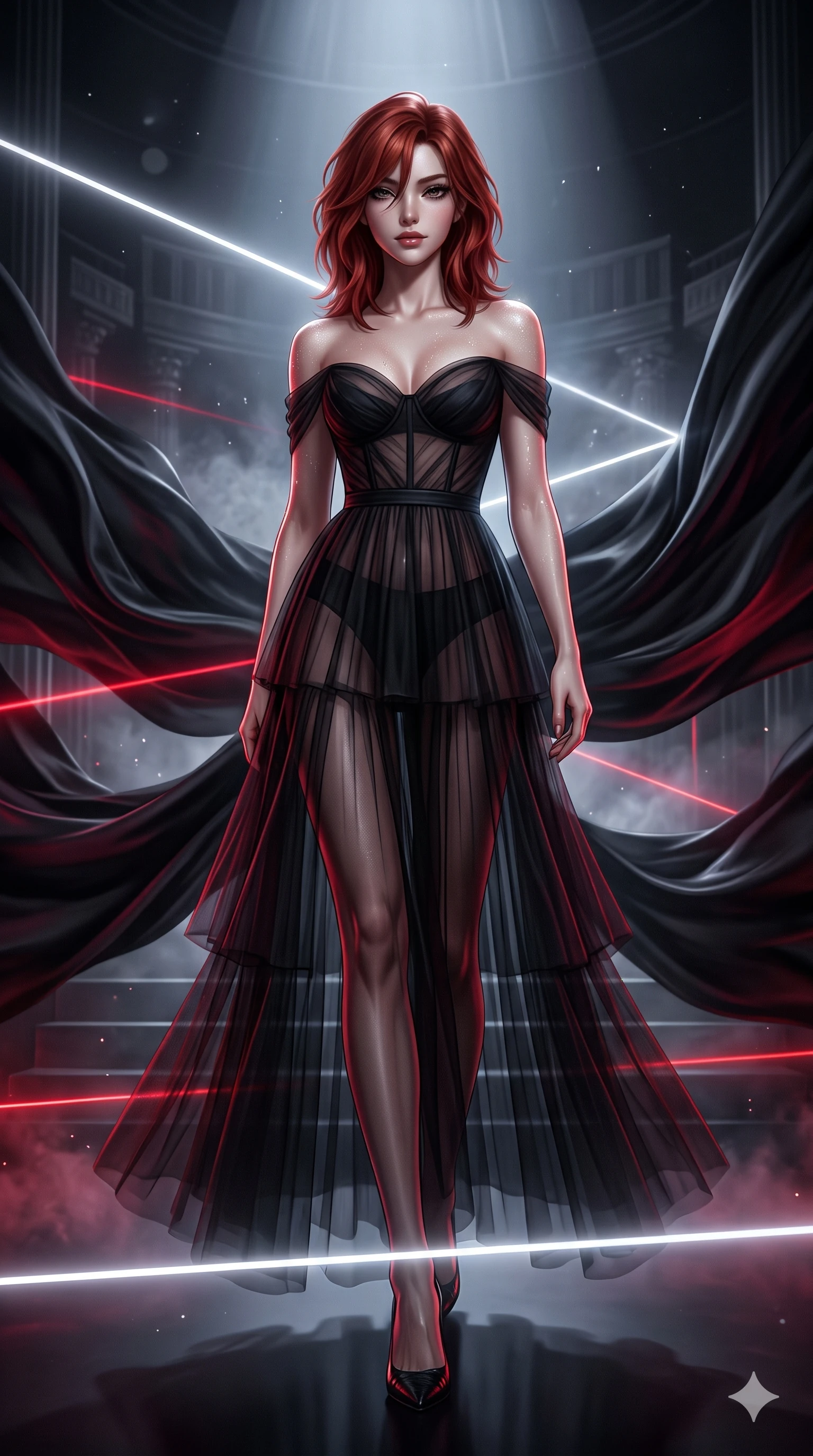 score_9, masterpiece, best quality, ultra-detailed, high-budget anime keyframe, semi-realistic 3D game render, editorial fashion photography, tasteful artistic composition, Korean woman. low angle full-body shot from head to toe showing her feet, filling the entire 9:16 vertical frame with her statuesque presence, stretching her vertical silhouette. stepping forward into the sharp laser beam, her long slender legs and curvy hips creating a sweeping vertical line while twisting her slender torso in an alluring S-curve between billowing midnight fabric waves, directional razor lights tracing her flat midriff and hips. The surrounding environment is rendered in vivid detail and crisp panoramic clarity: detailed tiered tulle gown tailoring, corseted waist structure, and high-fashion exhibition design in razor-sharp clarity. She has an absolutely perfect, statuesque 8.5-heads proportion, an exceptionally tall and slender model-like female figure with impossibly long slender legs, an ultra-slim waist, a flat toned midriff, narrow delicate ribcage, and beautifully sculpted feminine hips creating a graceful, slim hourglass silhouette without any bulky heaviness. sharp v-shaped jawline, high-bridge nose, intricate jewel-like dark sparkling eyes with hypnotic seductive depth, thick curled eyelashes, glossy parted lips with a natural wine sheen, alluring bedroom-eyes with an enigmatic smoldering smile, exuding magnetic sovereign charisma and dark avant-garde glamour, flawlessly proportioned anatomical accuracy, strict slender model proportions, natural body alignment, perfectly sculpted long slender limbs, ultra-slim waistline, clean dynamic posture without body distortion. wearing a tiered semi-sheer black tulle and silk slip dress with an ultra-slim corseted waist and bare shoulders in crimson laser red and cold midnight shadow tones, crafted from fine dark contouring mesh with sheer geometric transparency, finished with glistening moisture droplets beading across her sculpted shoulders and flat midriff, the form-fitting cut adhering flawlessly to her sculpted flat midriff and slender torso, emphasizing her long leg lines and perfectly proportioned willowy build. bathed in razor-thin horizontal white laser sheets slicing through billowing black silk. highly saturated vibrant anime colors, detailed shading with soft gradients, rich glossy textures, high-contrast stereoscopic depth, volumetric dynamic lighting, master piece, 9:16 ratio