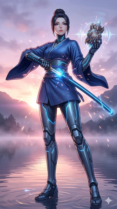 score_9, masterpiece, best quality, ultra-detailed, Set A: High-budget Anime Keyframe, Caucasian (strictly human ears) woman. Low angle cowboy shot filling the entire 9:16 frame with her statuesque presence. Drawing a blade through a misty lakeside a