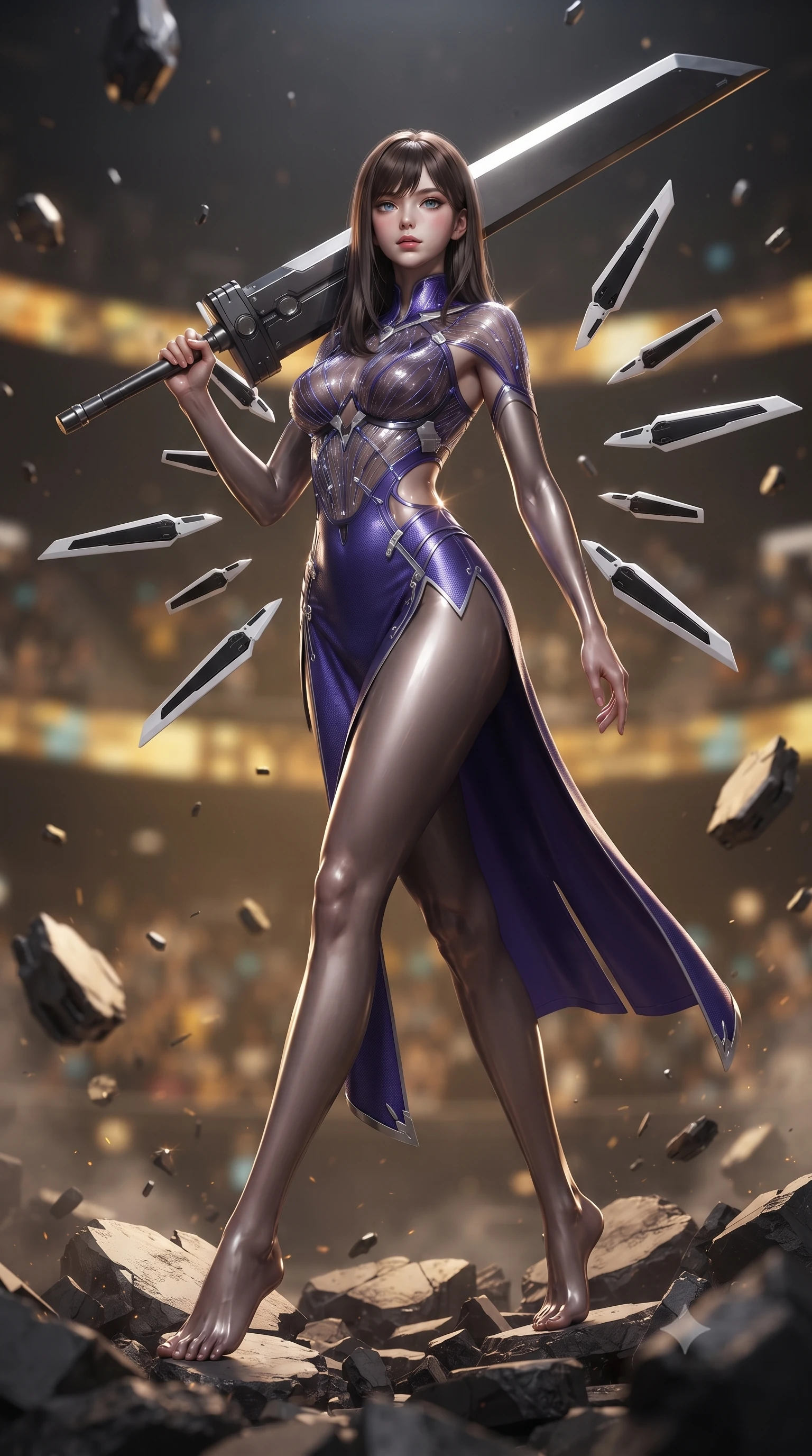 score_9, masterpiece, best quality, ultra-detailed, high-budget anime keyframe, editorial fashion photography, tasteful artistic composition, Korean woman. low angle full-body shot from head to toe showing her feet, filling the entire 9:16 vertical frame with her statuesque presence, stretching her vertical silhouette. pivoting dynamically in mid-motion with a breathtakingly alluring posture, displaying her flawless model proportions, toned flat midriff, and ultra-slim waist while standing victorious on the shattered rubble of a cybernetic colosseum arena with a massive carbon greatsword resting on her shoulder. The composition keeps background elements in soft focus with creamy bokeh. holographic colosseum spectator stands and floating debris blurred into rich amber, gold, and charcoal bokeh. She has an absolutely perfect, statuesque 8.5-heads proportion, an exceptionally tall and slender model-like female figure with impossibly long slender legs, a toned flat midriff, and an ultra-slim waist. sharp v-shaped jawline, high-bridge nose, intricate jewel-like eyes with depth, thick eyelashes, glossy lips with a natural sheen, flawlessly proportioned anatomical accuracy, strict slender model proportions, natural body alignment, perfectly sculpted long slender limbs, ultra-slim waistline, clean dynamic posture without body distortion. wearing a precision-fitted royal purple carbon-fiber battle-dress with high-slit tactical skirt and silver accents, directing eight floating nano-crystal funnel blades with sovereign gestures in monochrome white enamel carbon with high-contrast black panels, crafted from semi-translucent cybernetic carbon-vinyl interwoven with glowing micro-filaments, accented with glowing fiber-optic conduits tracing her collarbones and hip curves, the precision-cut daring openings accentuating her delicate midriff, graceful bare collarbones, and ultra-slim feminine waistline. illuminated by sharp specular highlights tracing her ultra-slim waist, long legs, and flat midriff. ultra-reflective glossy finish, specular highlights, dark metallic sheen, high-contrast stereoscopic depth, volumetric dynamic lighting, 2k, ultra detail, master piece, 9:16 ratio