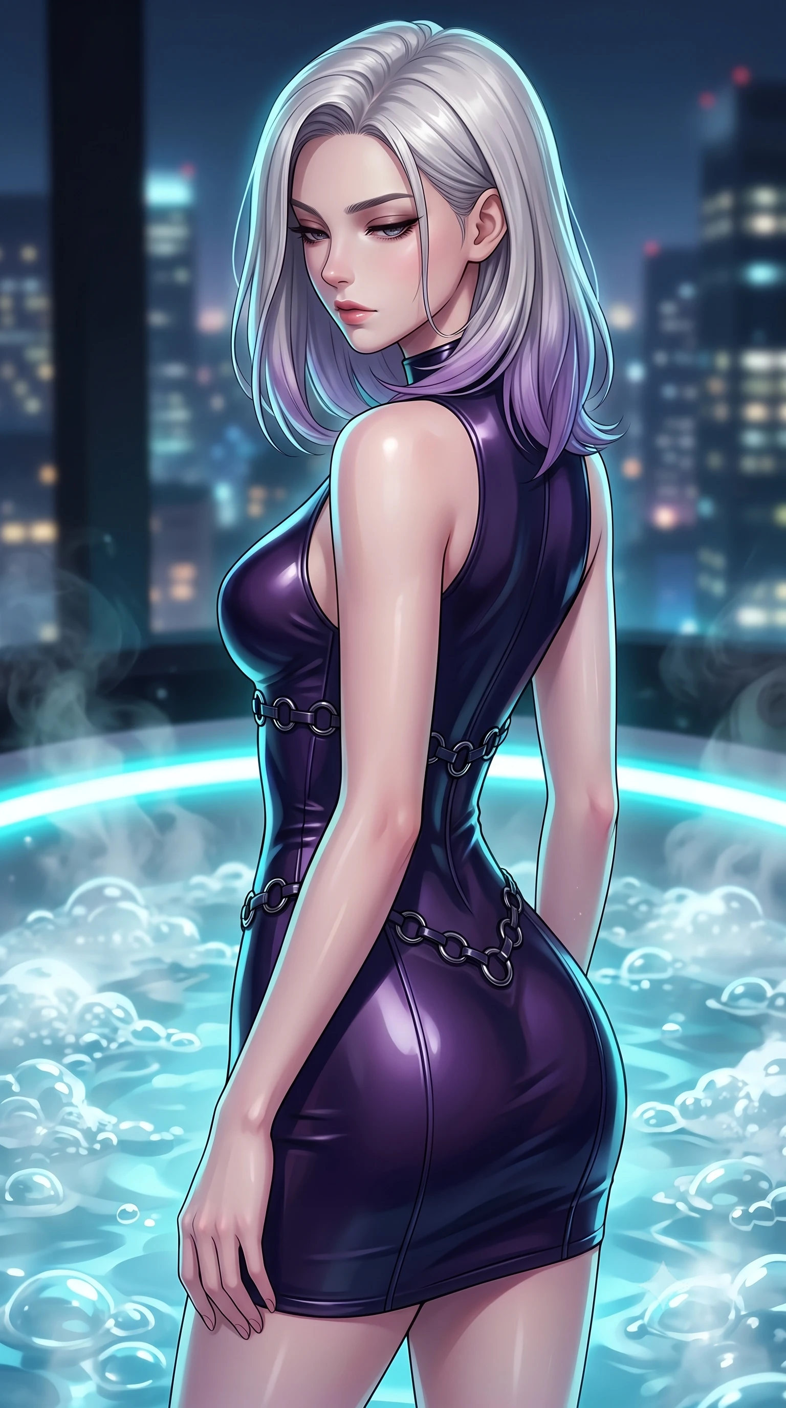 score_9, masterpiece, best quality, ultra-detailed, high-budget anime keyframe, editorial fashion photography, tasteful artistic composition, Caucasian woman. close-up cowboy shot from the waist and thighs up, the character dominates the composition, filling the frame with her large presence, background elements kept in soft focus. Looking down with lowered lashes and a composed, powerful dark aura, looking back over her shoulder as city skyscraper lights form soft bokeh, steaming jacuzzi water bubbles reflecting bright aqua LED rim lights. She has an exceptionally elegant, slender, and willowy female figure with an ultra-slim waist, a gracefully sculpted slender torso, and a refined silhouette. sharp v-shaped jawline, high-bridge nose, intricate jewel-like eyes with depth, thick eyelashes, glossy lips with a natural sheen. wearing glove-like fit dark navy latex bodycon mini dress in dark plum violet, made of sculpted obsidian metallic chrome, trimmed with dark chrome ring hardware along the waist contours, accentuating her gracefully sculpted slender torso. illuminated by glowing aqua LED jacuzzi lights and distant city skyglow. highly saturated vibrant anime colors, detailed shading with soft gradients, rich glossy textures, high-contrast stereoscopic depth, volumetric dynamic lighting, master piece, 9:16 ratio