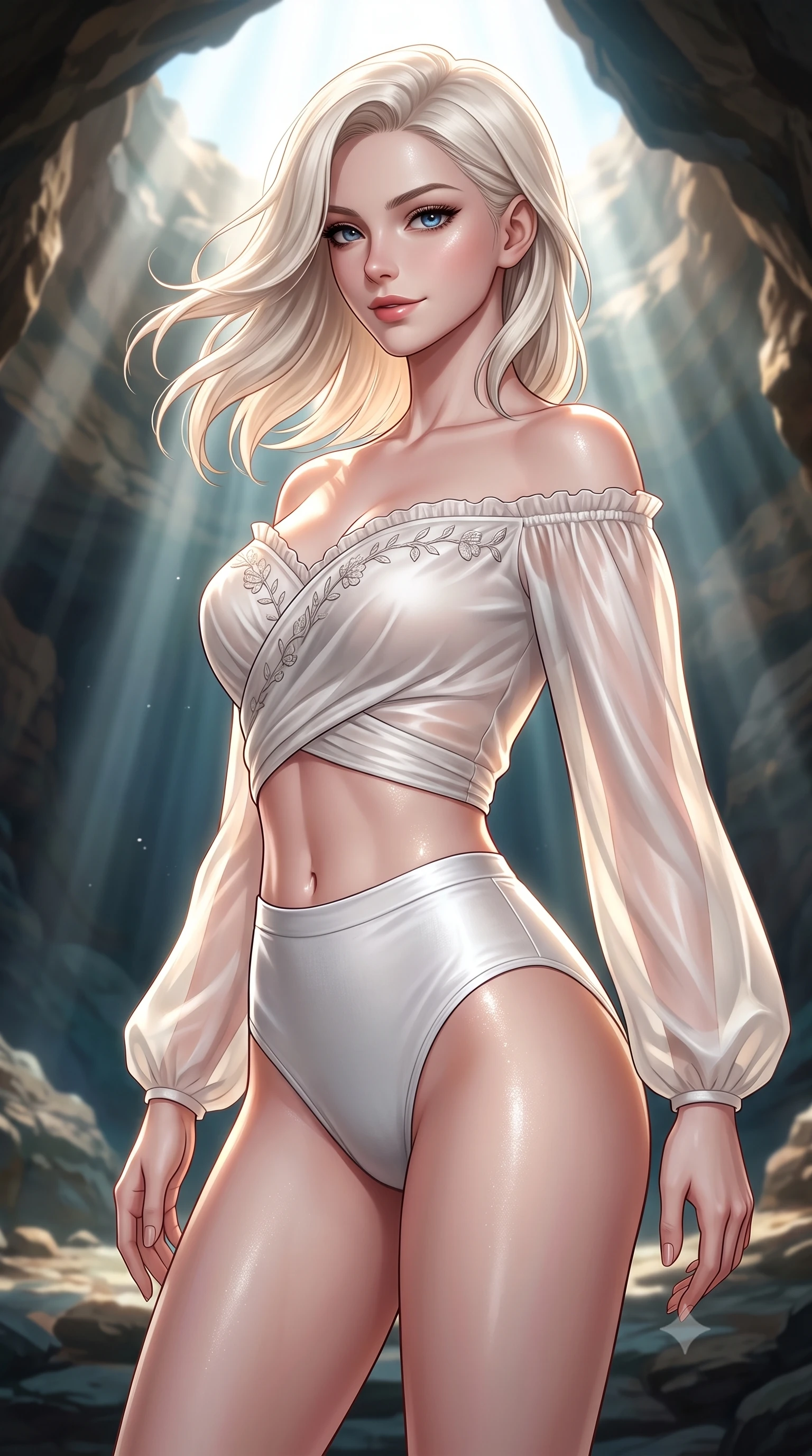 score_9, masterpiece, best quality, ultra-detailed, high-budget anime keyframe, semi-realistic 3D game render, editorial fashion photography, tasteful artistic composition, Caucasian woman. close-up cowboy shot from the waist and thighs up, the character dominates the composition, filling the frame with her large presence. turning slowly with an enchanting smoldering smile, her glossy hair tossing in the breeze as her hips angle gracefully in a captivating contrapposto while twisting her slender torso in an alluring S-curve, dramatic shafts of morning light illuminating her sculpted flat midriff and curvy hips. The surrounding environment is rendered in vivid detail and crisp panoramic clarity: detailed sheer gossamer linen slip cling, glistening skin highlights, and natural geological grotto formations in high resolution. She has an exceptionally elegant, slender, and willowy female figure with an ultra-slim waist, flat toned midriff, narrow ribcage, and sculpted feminine hips creating an alluring, slim hourglass silhouette without bulk. sharp v-shaped jawline, high-bridge nose, sparkling eyes with hypnotic seductive depth, thick curled eyelashes, glossy parted lips with a natural dewy peach sheen, alluring bedroom-eyes with an enchanting coquettish smile, exuding magnetic siren charisma and sophisticated glamour, flawlessly proportioned anatomical accuracy, strict slender model proportions, natural body alignment, perfectly sculpted long slender limbs, ultra-slim waistline, clean dynamic posture without body distortion. wearing an off-the-shoulder sheer peasant crop blouse with ruched neckline paired with tight high-waisted linen briefs in pure pearl alabaster with liquid platinum sheen, crafted from fluid liquid silk satin that clings smoothly to every curve with a dewy sheen, finished with delicate floral vine embroidery tracing along her sweetheart neckline with intimate elegance, the high-slit wrap tailoring accentuating her ultra-slim waistline and the enchanting curve of her feminine hips with alluring seductive charm. bathed in dramatic angled shafts of pure morning sunlight (god rays) penetrating the sunken cavern opening. highly saturated vibrant anime colors, detailed shading with soft gradients, rich glossy textures, high-contrast stereoscopic depth, volumetric dynamic lighting, master piece, 9:16 ratio