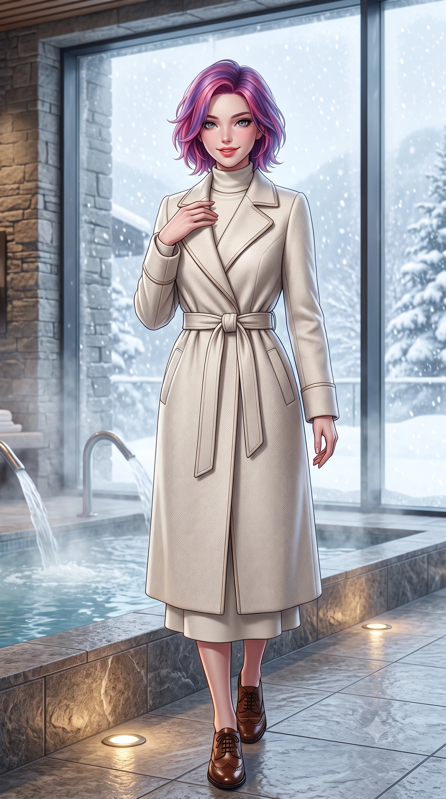 score_9, masterpiece, best quality, ultra-detailed, high-budget anime keyframe, semi-realistic 3D game render, editorial fashion photography, tasteful artistic composition, Caucasian woman. close-up cowboy shot from the waist and thighs up, the character dominates the composition, filling the frame with her large presence. resting one hand gracefully on her tailored blazer lapel while looking into the camera with bright, sparkling eyes while walking past steaming indoor hydrotherapy fountains toward the glass wall looking out at falling snow, turning with radiant poise. The surrounding environment is rendered in vivid detail and crisp panoramic clarity: detailed belted cashmere robe coat tailoring, silk piping borders, and master Swiss spa architecture in razor-sharp precision. She has an exceptionally elegant, slender, and willowy female figure with an ultra-slim waist, flat toned midriff, narrow ribcage, and sculpted feminine hips creating an alluring, slim hourglass silhouette without bulk. sharp v-shaped jawline, high-bridge nose, intricate jewel-like sparkling eyes with depth, thick eyelashes, glossy parted lips with a natural peach sheen, bright cheerful beaming smile with an enchanting and coquettish sensual glint, exuding both youthful cute charm and seductive allure, flawlessly proportioned anatomical accuracy, strict slender model proportions, natural body alignment, perfectly sculpted long slender limbs, ultra-slim waistline, clean dynamic posture without body distortion. wearing a luxurious longline cashmere cardigan coat with a belted waist worn over an ivory turtleneck and wool midi skirt in Swiss alpine snow white and oat cashmere, made of crisp Egyptian cotton poplin with pristine tailored pressing, complemented by classic polished leather oxfords with brogue perforations, the expertly draped wool fabric falling in crisp fluid lines along her tall 8.5-heads silhouette, celebrating her slender frame without excess fabric bulk. bathed in calm diffused winter daylight filtering through steamy glass panes combined with warm 2800K recessed floor lights. highly saturated vibrant anime colors, detailed shading with soft gradients, rich glossy textures, high-contrast stereoscopic depth, volumetric dynamic lighting, master piece, 9:16 ratio