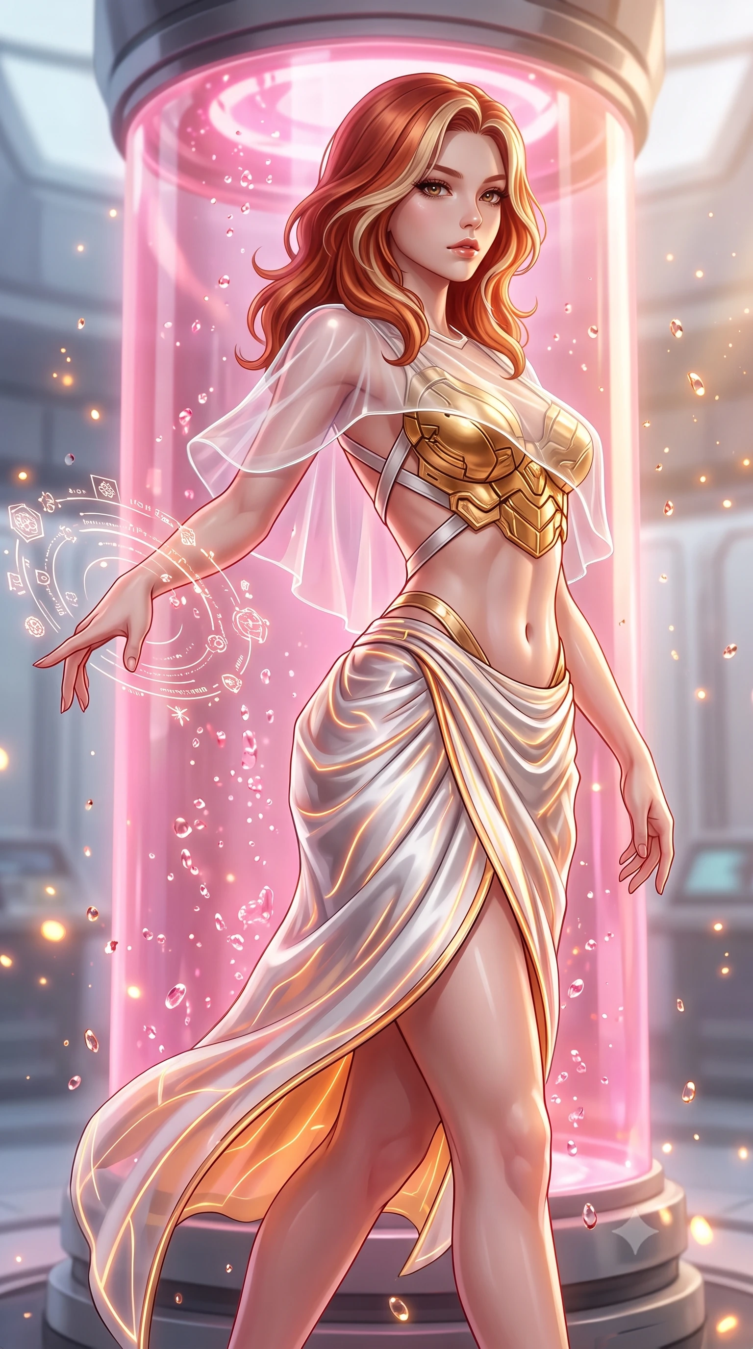 score_9, masterpiece, best quality, ultra-detailed, high-budget anime keyframe, semi-realistic 3D game render, editorial fashion photography, tasteful artistic composition, Caucasian woman. close-up cowboy shot from the waist and thighs up, the character dominates the composition, filling the frame with her large presence. extending one arm gracefully as floating holographic glyphs and nano-crystals orbit her fingertips with sovereign power while stepping gracefully out of a soaring crystal incubator cylinder filled with glowing pink nanotech stasis fluid. The composition keeps background elements in soft focus with creamy bokeh. glistening nano-fluid droplets scattering warm, glowing light motes across a luminous backdrop. She has an exceptionally elegant, slender, and willowy female figure with an ultra-slim waist, a gracefully sculpted slender torso, toned flat midriff, and a refined slim silhouette. sharp v-shaped jawline, high-bridge nose, intricate jewel-like eyes with depth, thick eyelashes, glossy lips with a natural sheen, flawlessly proportioned anatomical accuracy, strict slender model proportions, natural body alignment, perfectly sculpted long slender limbs, ultra-slim waistline, clean dynamic posture without body distortion. wearing an ethereal translucent cyber-veil paired with a sculpted golden mechanical cuirass and high-fashion draped silk skirt in high-contrast monochrome white enamel and glowing amber lines, tailored from semi-translucent cybernetic vinyl with glowing micro-filaments, complemented by criss-cross back straps highlighting her completely bare spine, the sleek second-skin cut tightly hugging her graceful clavicle, narrow waist, and feminine curves with athletic precision. surrounded by a pristine, divine, and breathtakingly beautiful cyber-muse awakening atmosphere. rich saturated anime colors with glowing neon highlights, detailed shading with soft gradients, rich glossy textures, high-contrast stereoscopic depth, volumetric dynamic lighting, master piece, 9:16 ratio
