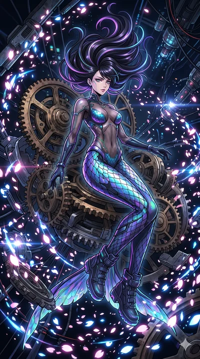 score_9, masterpiece, best quality, ultra-detailed, Set A: High-budget Anime Keyframe, Japanese woman. Low angle cowboy shot filling the entire 9:16 frame with her statuesque presence. Floating through a throne of gears, as gravity fails and everythi