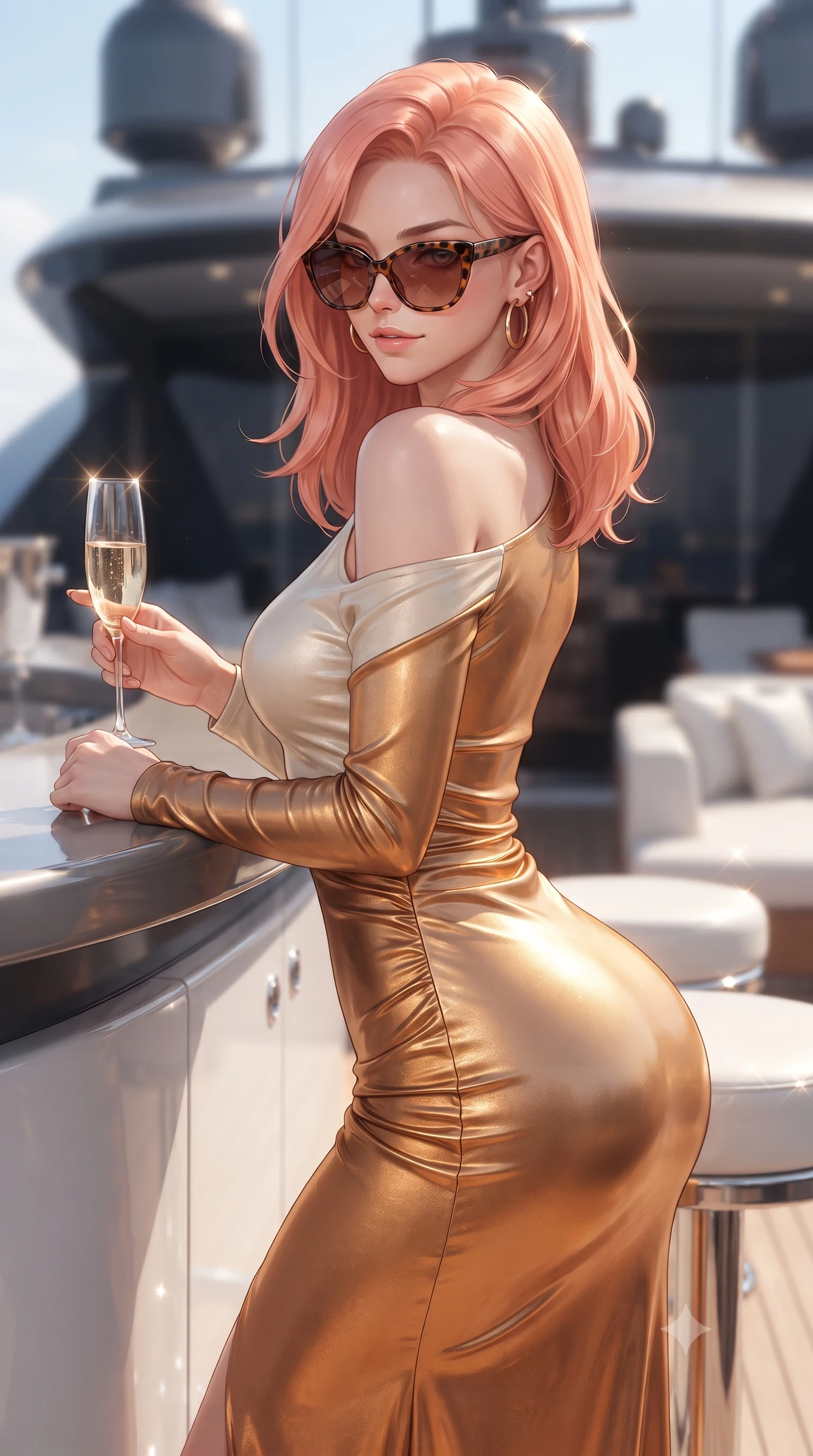 score_9, masterpiece, best quality, ultra-detailed, high-budget anime keyframe, editorial fashion photography, tasteful artistic composition, Japanese woman. close-up cowboy shot from the waist and thighs up, the character dominates the composition, filling the frame with her large presence. turning over a bare shoulder with an intoxicating, teasing smile, her soft hair framing her sharp jawline as her hips angle gracefully while leaning against the yacht's outdoor bar with hips shifted to one side, holding a champagne flute while locking smoldering eyes with the viewer. The composition keeps background elements in soft focus with creamy bokeh. sleek yacht superstructure and white leather loungers softened in dreamy cinematic focus. She has an exceptionally elegant, slender, and willowy female figure with an ultra-slim waist, a gracefully sculpted slender torso, toned flat midriff, and rounded feminine hips creating an alluring hourglass silhouette. sharp v-shaped jawline, high-bridge nose, intricate jewel-like eyes with depth, thick eyelashes, glossy parted lips with a natural sheen, intensely captivating and seductive bedroom-eyes expression, flawlessly proportioned anatomical accuracy, strict slender model proportions, natural body alignment, perfectly sculpted long slender limbs, ultra-slim waistline, clean dynamic posture without body distortion. wearing a second-skin metallic jersey evening dress with an asymmetric open shoulder and hip-defining ruching in warm amber honey and natural linen cream, crafted from luxurious metallic lamé that shifts radiance with every step, accessorized with oversized designer tortoiseshell sunglasses and gold hoop earrings, the liquid-tight tailored fabric clinging flawlessly to her narrow waist and rounded feminine hips, emphasizing every millimeter of her sculpted hourglass curves during movement. illuminated by glowing specular sun glints defining her sculpted collarbones, ultra-slim waist, and curvy hips. ultra-reflective glossy finish, specular highlights, rich textural contrasts, high-contrast stereoscopic depth, volumetric dynamic lighting, 2k, ultra detail, master piece, 9:16 ratio