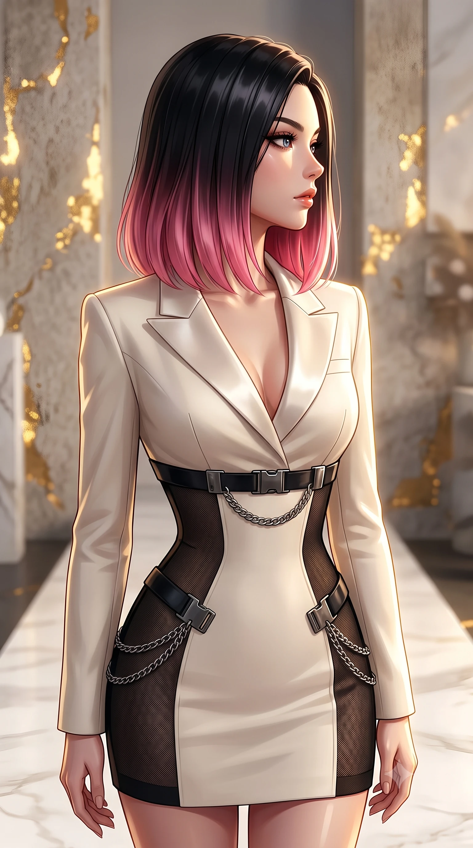 score_9, masterpiece, best quality, ultra-detailed, high-budget anime keyframe, editorial fashion photography, tasteful artistic composition, Korean woman. close-up cowboy shot from the waist and thighs up, the character dominates the composition, filling the frame with her large presence, background elements kept in soft focus. Turning her face in sharp dramatic profile against the key light, poised on an alabaster walkway surrounded by glowing gold leaf accent walls, sculpted clavicle lines and bare shoulders catching golden rim rays. She has an exceptionally elegant, slender, and willowy female figure with an ultra-slim waist, a gracefully sculpted slender torso, and a refined silhouette. sharp v-shaped jawline, high-bridge nose, intricate jewel-like eyes with depth, thick eyelashes, glossy lips with a natural sheen. wearing tailored ivory tux dress with satin lapels and fitted waist in pitch-black onyx, made of fine dark contouring mesh, framed by dark titanium buckles and silver chain details, highlighting her statuesque proportions and ultra-slim waistline. lit by clear warm key rays highlighting her refined facial features. highly saturated vibrant anime colors, detailed shading with soft gradients, rich glossy textures, high-contrast stereoscopic depth, volumetric dynamic lighting, master piece, 9:16 ratio