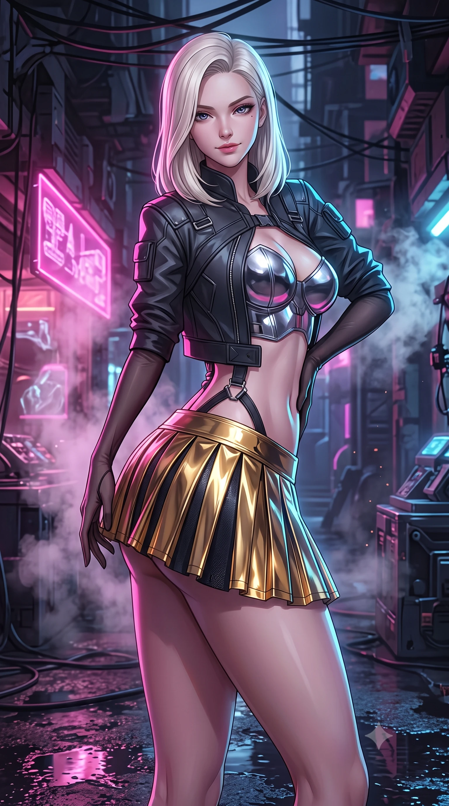 score_9, masterpiece, best quality, ultra-detailed, high-budget anime keyframe, semi-realistic 3D game render, editorial fashion photography, tasteful artistic composition, Caucasian woman. close-up cowboy shot from the waist and thighs up, the character dominates the composition, filling the frame with her large presence. tilting her head with a teasing half-smile, running one hand slowly down the side of her hip in a flirtatious S-curve as ambient light caresses her silhouette while leaning against the illuminated cyberware merchant stall with hips cocked back, looking through rising steam plumes with dangerous bedroom-eyes. The surrounding environment is rendered in vivid detail and crisp panoramic clarity: detailed tactical jacket tailoring, vibrant anime shading, and gritty subterranean urban craft in razor-sharp precision. She has an exceptionally elegant, slender, and willowy female figure with an ultra-slim waist, flat toned midriff, narrow ribcage, and sculpted feminine hips creating an alluring, slim hourglass silhouette without bulk. sharp v-shaped jawline, high-bridge nose, intricate jewel-like sparkling eyes with depth, thick eyelashes, glossy parted lips with a natural peach sheen, bright cheerful beaming smile with an enchanting and coquettish sensual glint, exuding both youthful cute charm and seductive allure, flawlessly proportioned anatomical accuracy, strict slender model proportions, natural body alignment, perfectly sculpted long slender limbs, ultra-slim waistline, clean dynamic posture without body distortion. wearing a chrome-plated tactical combat bustier top with reinforced underwire paired with a low-rise pleated micro combat skirt in solar-wind gold and deep space void black, crafted from stretch micro-mesh with liquid foil coating that shimmers with every movement, complemented by sheer opera-length evening gloves tracing her slender arms, the precision-cut side openings and low-back scoop framing her graceful spine and the sensual sweep of her slim, toned hips. illuminated by puddle reflection bounce and sharp neon-pink rim lights sculpting her jawline, narrow waist, and curvy hips. highly saturated vibrant anime colors, detailed shading with soft gradients, rich glossy textures, high-contrast stereoscopic depth, volumetric dynamic lighting, master piece, 9:16 ratio
