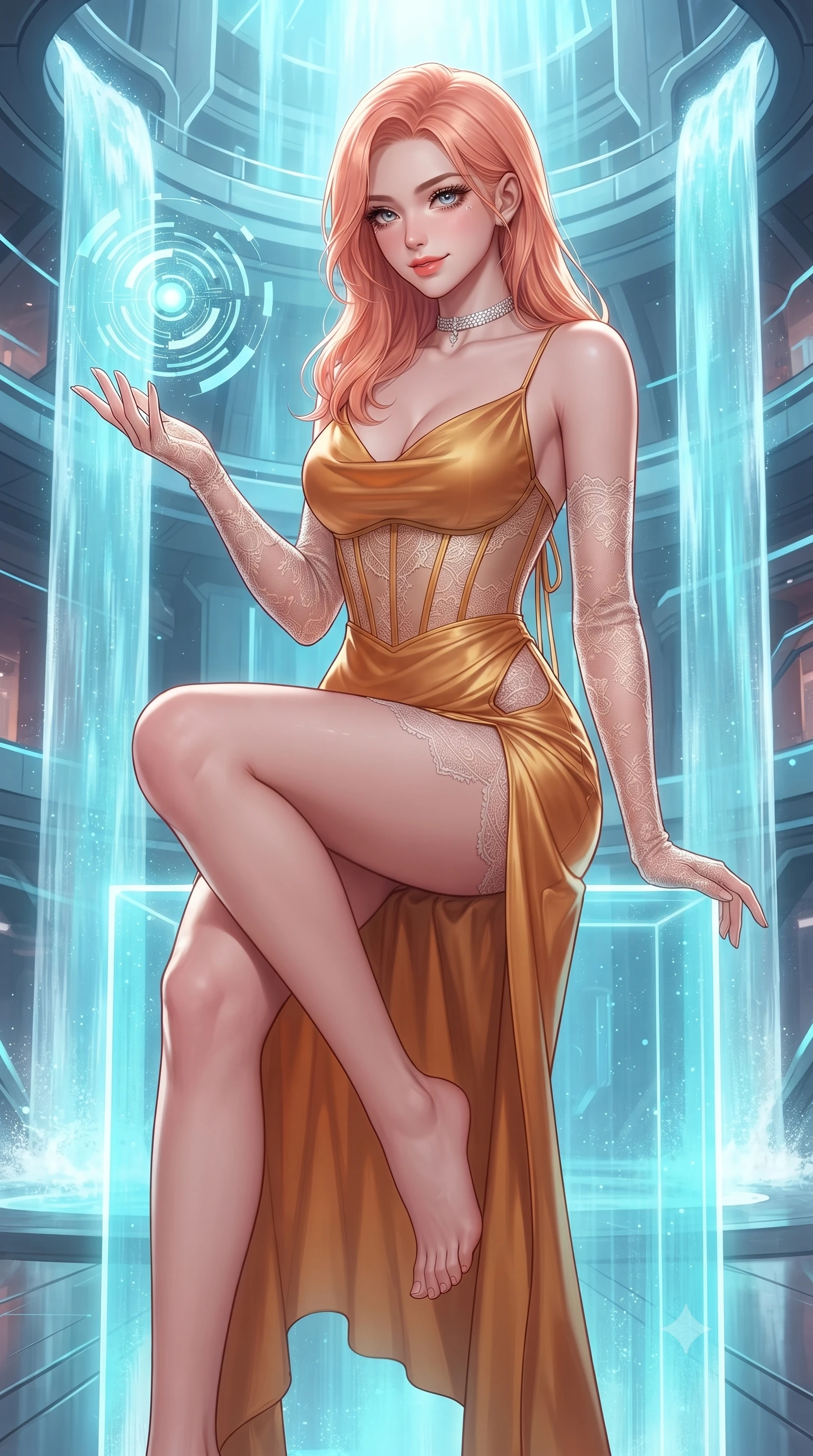 score_9, masterpiece, best quality, ultra-detailed, high-budget anime keyframe, editorial fashion photography, tasteful artistic composition, Japanese woman. close-up cowboy shot from the waist and thighs up, the character dominates the composition, filling the frame with her large presence. perched sideways on the lounge seat, one knee drawn up to showcase her slender leg line while her arched back accentuates her feminine hip curve while perched sideways on a glass monolith with legs crossed, holding a floating digital data orb with effortless cyber-queen charm. The surrounding environment is rendered in vivid detail and crisp panoramic clarity: detailed strapless boned corset bodice weave, diamond choker shine, and futuristic atrium architecture in high resolution. She has an exceptionally elegant, slender, and willowy female figure with an ultra-slim waist, flat toned midriff, narrow ribcage, and sculpted feminine hips creating an alluring, slim hourglass silhouette without bulk. sharp v-shaped jawline, high-bridge nose, sparkling eyes with hypnotic seductive depth, thick curled eyelashes, glossy parted lips with a natural dewy peach sheen, alluring bedroom-eyes with an enchanting coquettish smile, exuding magnetic siren charisma and sophisticated glamour, flawlessly proportioned anatomical accuracy, strict slender model proportions, natural body alignment, perfectly sculpted long slender limbs, ultra-slim waistline, clean dynamic posture without body distortion. wearing a plunging cowl-neck liquid silk satin slip gown with daring hip-high double slits and delicate back ties in warm amber honey and antique gold leaf, made of delicate semi-sheer French Chantilly lace with intricate eyelash edges, complemented by sheer opera-length lace evening gloves tracing her slender arms, the precision-cut side openings and low-back scoop framing her graceful spine and the sensual sweep of her slim, toned hips. bathed in brilliant cascading cyan and white light radiating from the monumental holographic waterfall. ultra-reflective glossy finish, specular highlights, rich textural contrasts, high-contrast stereoscopic depth, volumetric dynamic lighting, 2k, ultra detail, master piece, 9:16 ratio