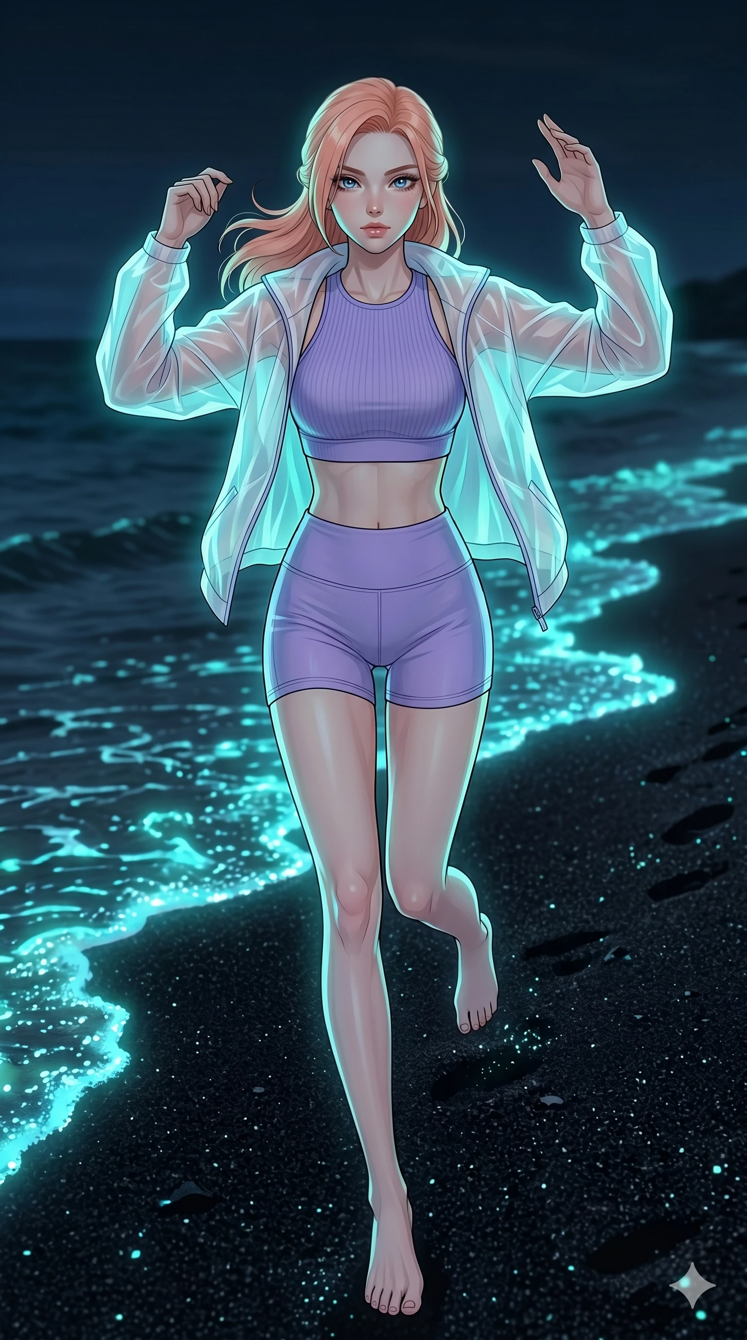 score_9, masterpiece, best quality, ultra-detailed, high-budget anime keyframe, editorial fashion photography, tasteful artistic composition, Japanese woman. low angle full-body shot from head to toe showing her feet, filling the entire 9:16 vertical frame with her statuesque presence, stretching her vertical silhouette. Lunging dynamically forward with one arm raised on a beach of black volcanic sand with glowing blue algae lining the shoreline. She has an absolutely perfect 8-heads proportion, an exceptionally tall and slender female figure with impossibly long slender legs and an ultra-slim waist. V-shaped jawline, high-bridge nose, intricate jewel-like eyes with depth, thick eyelashes, glossy lips with a natural sheen. wearing a high-neck ribbed sports bra in lavender, paired with matching high-waist shorts under an oversized translucent white windbreaker jacket. illuminated by soft aqua bioluminescent light that makes her skin luminously glow against the dark. 2k, ultra detail, master piece, 9:16 ratio