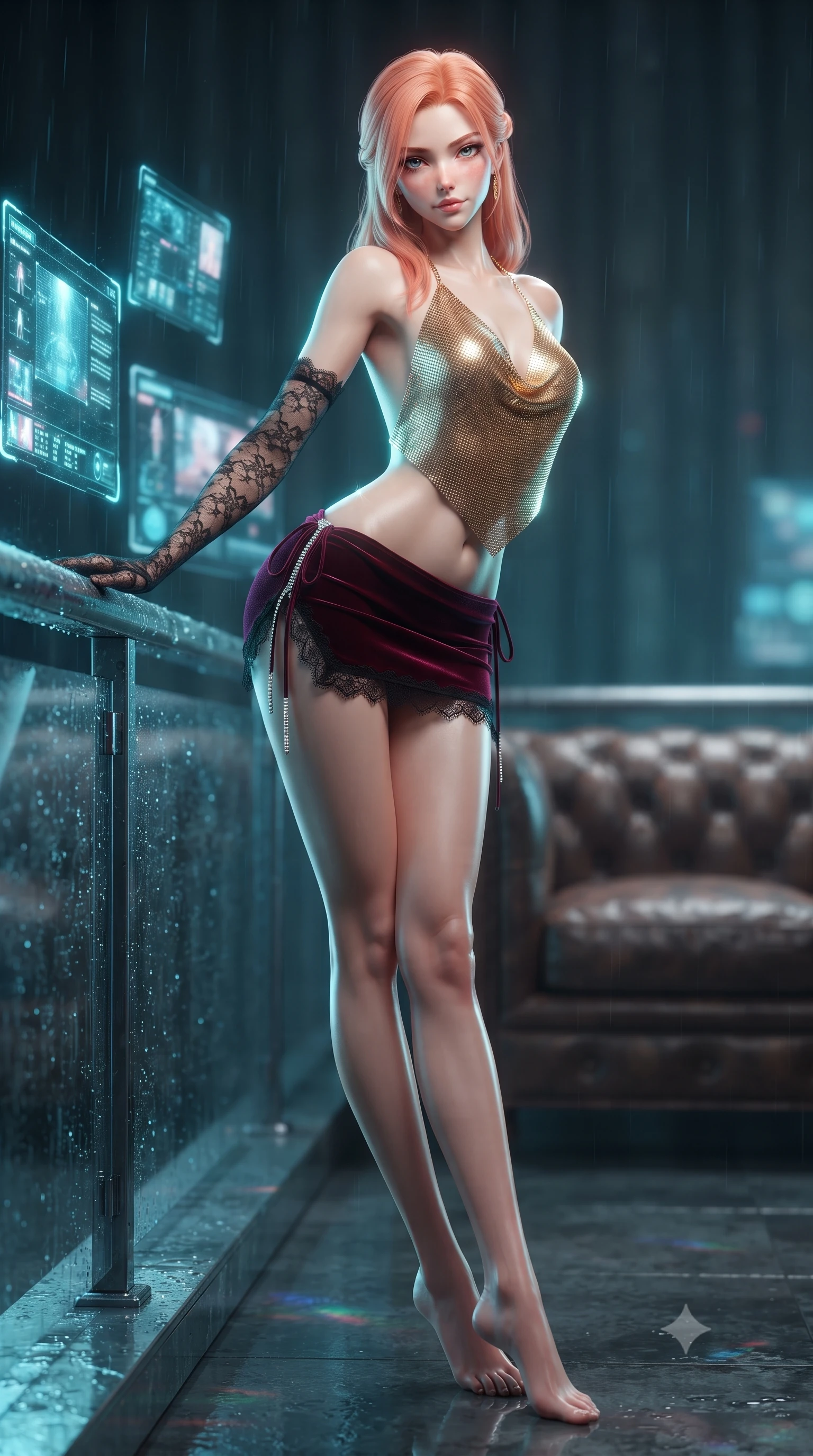 score_9, masterpiece, best quality, ultra-detailed, high-budget anime keyframe, editorial fashion photography, tasteful artistic composition, Japanese woman. low angle full-body shot from head to toe showing her feet, filling the entire 9:16 vertical frame with her statuesque presence, stretching her vertical silhouette. leaning deep against the balcony balustrade with hips cocked back in an unapologetically alluring high-fashion stance, casting an intoxicating glance while twisting her slender torso in an alluring contrapposto stance, glowing holographic surveillance screens and neon rain tracing her curves. The background shows a soft-focus distressed leather sofa tufting softened in moody neo-noir shallow focus. She has an absolutely perfect, statuesque 8.5-heads proportion, an exceptionally tall and slender model-like female figure with impossibly long slender legs, an ultra-slim waist, a flat toned midriff, narrow delicate ribcage, and beautifully sculpted feminine hips creating a graceful, slim hourglass silhouette without any bulky heaviness. sharp v-shaped jawline, high-bridge nose, sparkling eyes with hypnotic seductive depth, thick curled eyelashes, glossy parted lips with a natural dewy peach sheen, alluring bedroom-eyes with an enchanting coquettish smile, exuding magnetic siren charisma and sophisticated glamour, flawlessly proportioned anatomical accuracy, strict slender model proportions, natural body alignment, perfectly sculpted long slender limbs, ultra-slim waistline, clean dynamic posture without body distortion. wearing a liquid gold chainmail cowl halter top paired with an ultra-low-rise velvet mini skirt and side rhinestone ties in deep bordeaux velvet and delicate black chantilly, crafted from wet-look high-gloss vinyl fabric with dazzling specular surface reflections, complemented by sheer opera-length lace evening gloves tracing her slender arms, the glove-like clinging cut tightly following the natural contour of her hips and long slender legs with youthful 8.5-heads elegance. illuminated by polished floor reflections and sharp electric-cyan rim lights sculpting her razor-sharp jawline, narrow waist, and curvy hips. ultra-reflective glossy finish, specular highlights, rich textural contrasts, high-contrast stereoscopic depth, volumetric dynamic lighting, 2k, ultra detail, master piece, 9:16 ratio