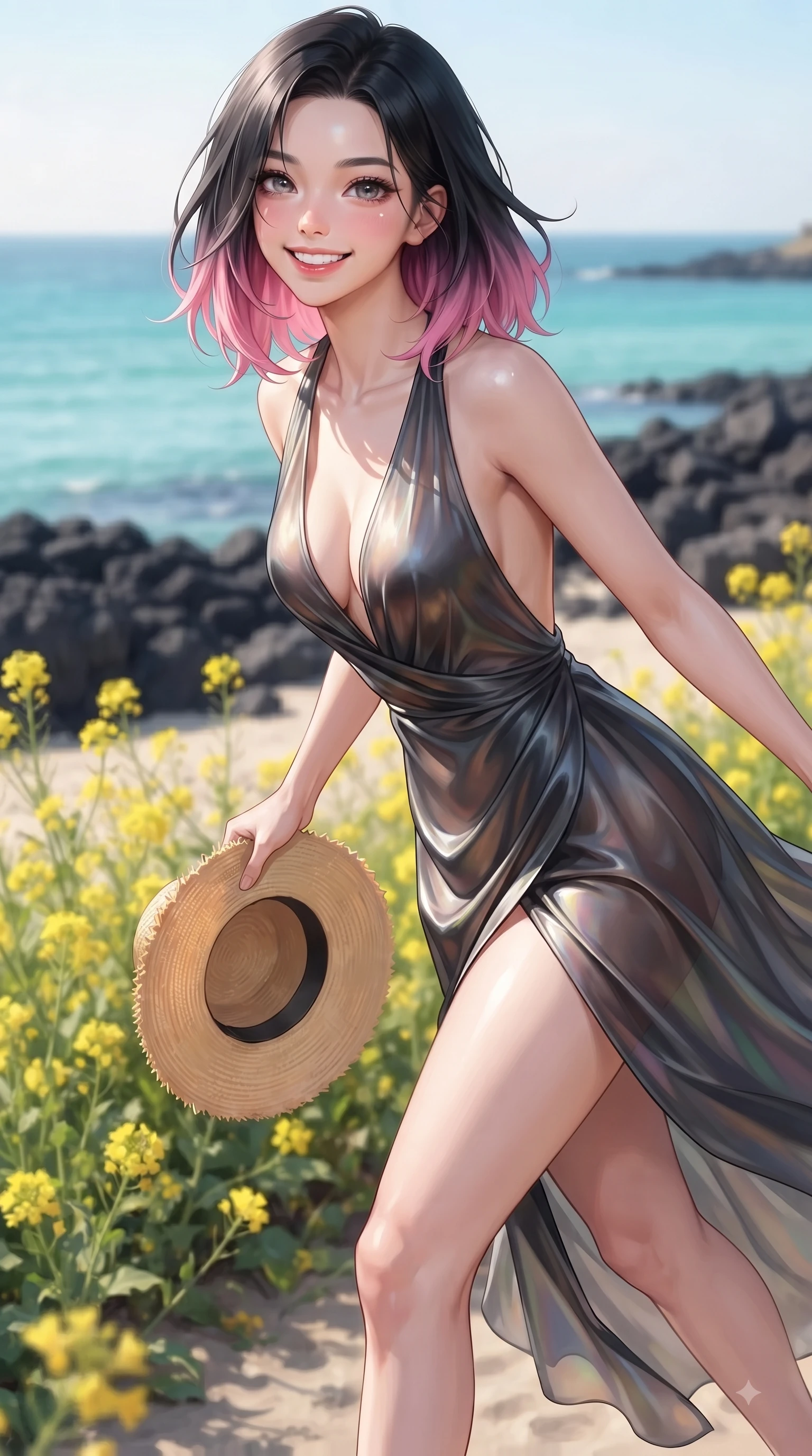 score_9, masterpiece, best quality, ultra-detailed, high-budget anime keyframe, editorial fashion photography, tasteful artistic composition, Korean woman. close-up cowboy shot from the waist and thighs up, the character dominates the composition, filling the frame with her large presence, background elements kept in soft focus. Cheerful beaming smile with sparkling eyes and a fresh girlhood aura, leaning forward with playful grace while running playfully along an emerald sea beach with a straw sunhat held lightly in one hand, blooming yellow canola flowers and dark volcanic basalt rocks contrasting with azure sea. She has an exceptionally elegant, slender, and willowy female figure with an ultra-slim waist, a gracefully sculpted slender torso, and a refined silhouette. sharp v-shaped jawline, high-bridge nose, intricate jewel-like eyes with depth, thick eyelashes, glossy lips with a natural sheen, flawlessly proportioned anatomical accuracy, natural body alignment, perfectly sculpted elegant limbs, clean dynamic posture without body distortion. wearing a translucent iridescent chiffon gown with a plunging neckline and open back in matte black and polished silver, crafted from lustrous satin jersey with fluid draping, accented with a Tasteful chest slit framing her clavicle gracefully, the form-contouring material highlighting her ultra-slim waist and long lines. surrounded by a fresh, sun-drenched, and relaxing vacation atmosphere. ultra-reflective glossy finish, specular highlights, metallic sheen, high-contrast stereoscopic depth, volumetric dynamic lighting, 2k, ultra detail, master piece, 9:16 ratio
