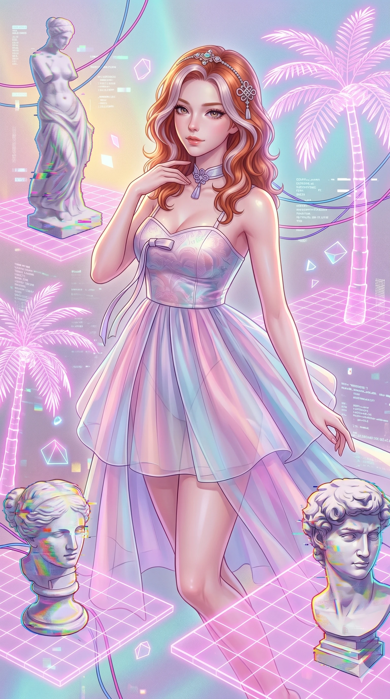 score_9, masterpiece, best quality, ultra-detailed, high-budget anime keyframe, Caucasian woman, strictly human ears. upper body close-up from the thighs up, character filling the screen for maximum presence. drifting through a holographic vaporwave oasis with floating grid floors, lo-fi marble statues, and glowing pink palms. She has an absolutely perfect 8-heads proportion, an exceptionally tall and slender female figure with impossibly long slender legs and an ultra-slim waist. V-shaped jawline, high-bridge nose, intricate jewel-like eyes with depth, thick eyelashes, glossy lips with a natural sheen.. wearing a modern fusion silk hanbok dress, featuring a silk bustier top, layered sheer organza skirts, and a traditional knot choker. enhanced by a luminous pastel spectrum glow, casting elegant rim lights on her shoulders and jawline. 2k, ultra detail, master piece, 9:16 ratio