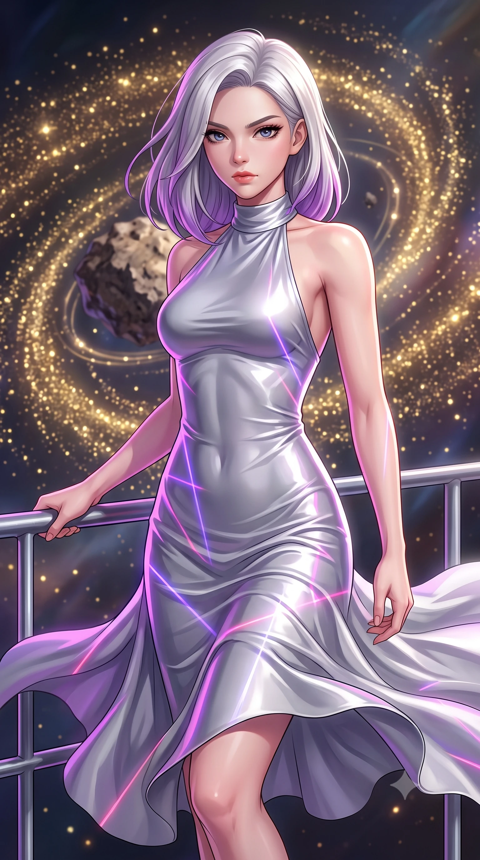 score_9, masterpiece, best quality, ultra-detailed, high-budget anime keyframe, editorial fashion photography, tasteful artistic composition, Caucasian woman, strictly human ears. close-up cowboy shot from the waist and thighs up, the character dominates the composition, filling the frame with her large presence, background elements kept in soft focus. Bracing against the hull decompression wind, her expression resolute and hand gripping a metal safety rail. set against a soft-focus background of caught in a space storm of glittering gold cosmic dust particles, swirling in magnetic currents around a rocky asteroid. She has an exceptionally elegant and slender, willowy female figure with an ultra-slim waist, a gracefully sculpted slender torso, and a refined slim physique. sharp v-shaped jawline, high-bridge nose, intricate jewel-like eyes with depth, thick eyelashes, glossy lips with a natural sheen. wearing the lightweight fabric rippling and billowing dramatically with her movement, a form-contouring liquid silver midi dress with a high halter neckline, draped elegantly to contour her slender physique. highly saturated vibrant anime colors, intense vivid color palette, soft 3D volumetric shading, volumetric dynamic lighting, laser lines of violet and hot pink reflecting off surfaces casting geometric neon highlights. 2k, ultra detail, master piece, 9:16 ratio