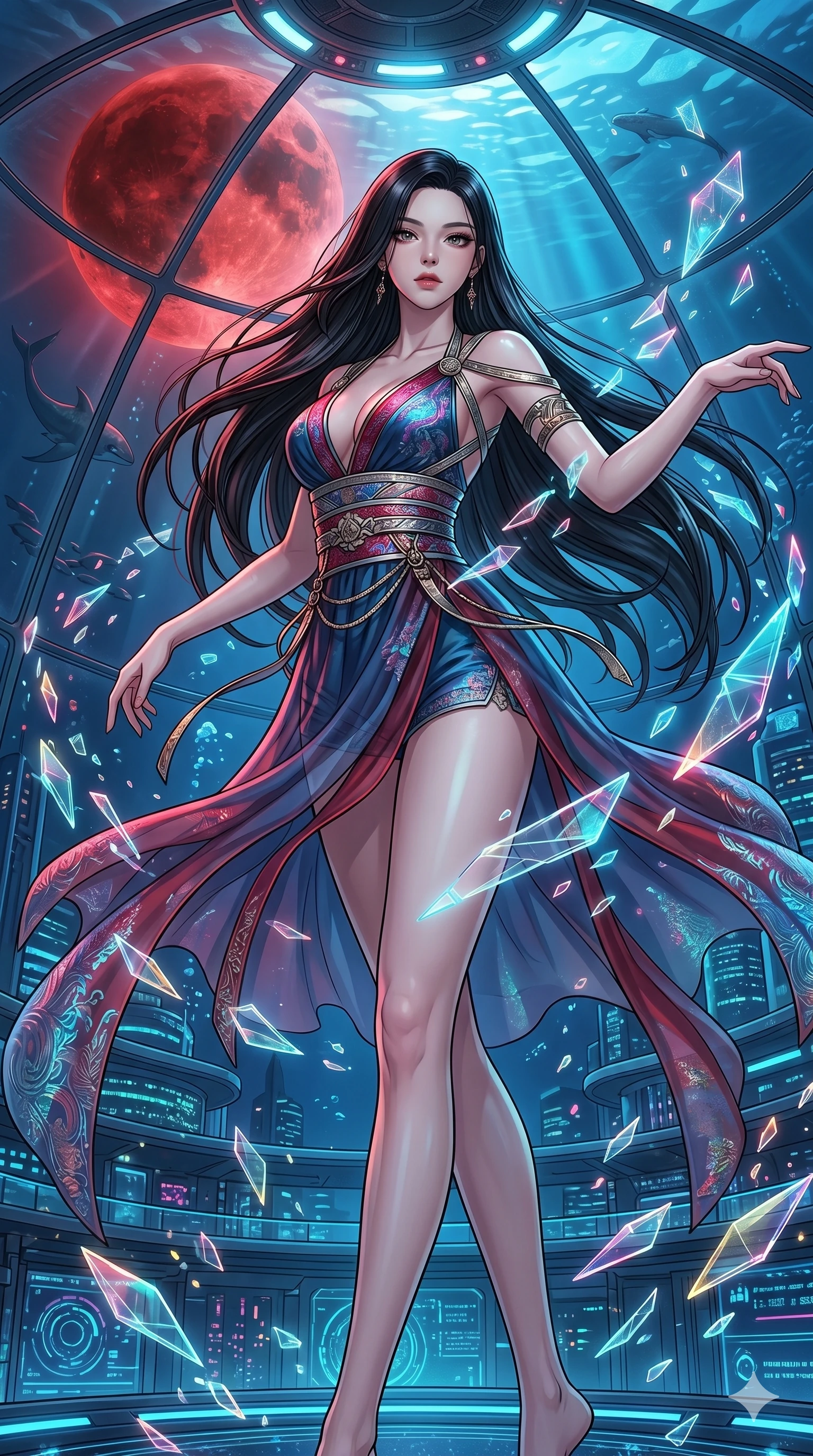 score_9, masterpiece, best quality, ultra-detailed, high-budget anime movie keyframe, cinematic anime lighting, intricate line art, Korean anime girl. Low angle cowboy shot filling the entire 9:16 frame with her statuesque presence. dancing with data-shards in a underwater city dome under a blood moon. She has an absolutely perfect 8-heads proportion, an exceptionally tall and slender female figure with an ultra-slim waist and impossibly long slender legs. sharp v-shaped jawline, high-bridge nose, intricate jewel-like eyes, thick eyelashes, glossy lips. Wearing modernized deep-plunging silk hanbok-fusion with metallic straps, a high-slit sheer skirt over micro-shorts, and holographic embroidered patterns. The scene is illuminated by dramatic atmospheric lighting and vibrant color palettes. 2k, ultra detail, master piece, 9:16 ratio