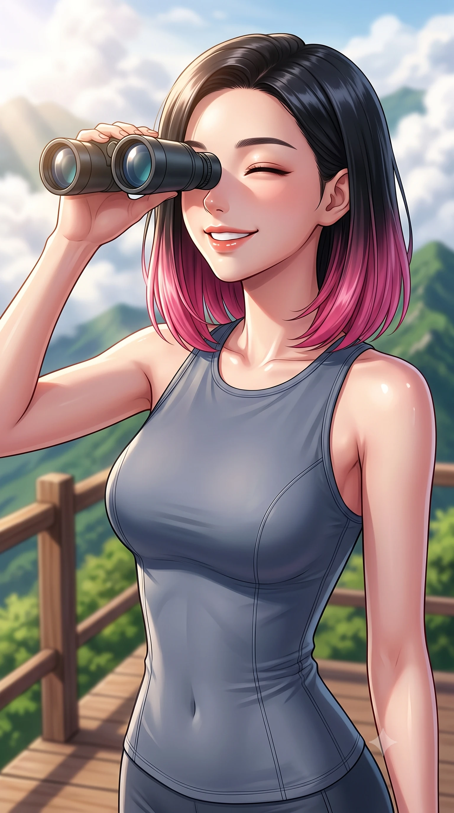 score_9, masterpiece, best quality, ultra-detailed, high-budget anime keyframe, editorial fashion photography, tasteful artistic composition, Korean woman. close-up cowboy shot from the waist and thighs up, the character dominates the composition, filling the frame with her large presence, background elements kept in soft focus. smiling happily with closed eyes, enjoying the warm sunbeams on her face set against a soft-focus background of on a scenic wooden observation deck at the peak of a green mountain looking through a pair of binoculars with a happy, excited expression. She has an exceptionally elegant, slender, and willowy female figure with an ultra-slim waist, a gracefully sculpted slender torso, and a refined silhouette. sharp v-shaped jawline, high-bridge nose, intricate jewel-like eyes with depth, thick eyelashes, glossy lips with a natural sheen. wearing form-contouring form-fitting activewear top in slate grey, outlining her slender torso. soft afternoon sunbeams filtering through passing white mountain clouds. highly saturated vibrant anime colors, detailed shading with soft gradients, rich glossy textures, high-contrast stereoscopic depth, volumetric dynamic lighting, master piece, 9:16 ratio