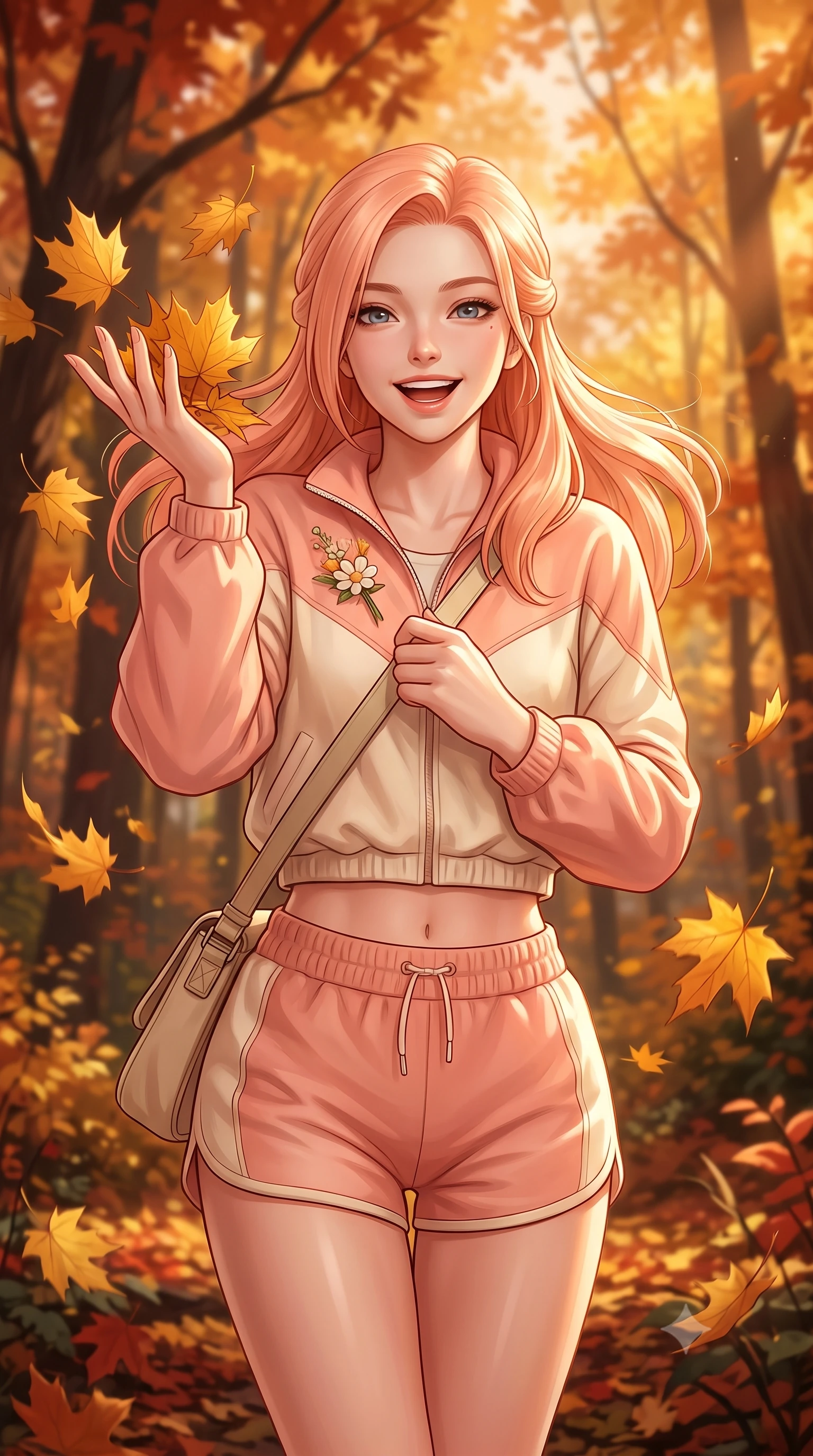 score_9, masterpiece, best quality, ultra-detailed, high-budget anime keyframe, semi-realistic 3D game render, editorial fashion photography, tasteful artistic composition, Japanese woman. close-up cowboy shot from the waist and thighs up, the character dominates the composition, filling the frame with her large presence. holding her hands loosely near her heart with an enchanting, affectionate gaze looking directly into the lens while tossing a handful of golden maple leaves into the crisp autumn air with a bright, childlike laugh. The surrounding environment is rendered in vivid detail and crisp panoramic clarity. rich autumn chiaroscuro and breathtaking seasonal forest foliage captured with environmental precision. She has an exceptionally elegant, slender, and willowy female figure with an ultra-slim waist, a gracefully sculpted slender torso, toned flat midriff, and a refined slim silhouette. sharp v-shaped jawline, high-bridge nose, intricate jewel-like eyes with depth, thick eyelashes, glossy lips with a natural sheen, pure and lovely fresh girlhood expression, flawlessly proportioned anatomical accuracy, strict slender model proportions, natural body alignment, perfectly sculpted long slender limbs, ultra-slim waistline, clean dynamic posture without body distortion. wearing a cute sporty pastel windbreaker paired with high-waisted active shorts and a canvas crossbody bag in warm peach blossom pink and champagne ivory, knitted from ultra-soft cozy baby-cashmere yarn, complemented by a delicate wildflower corsage pinned to the lapel, the chic real-way fashion cut emphasizing her effortless charm, flat midriff, and slender model proportions. bathed in warm amber afternoon autumn sunlight filtering through glowing red and gold canopies. highly saturated vibrant anime colors, detailed shading with soft gradients, rich glossy textures, high-contrast stereoscopic depth, volumetric dynamic lighting, master piece, 9:16 ratio