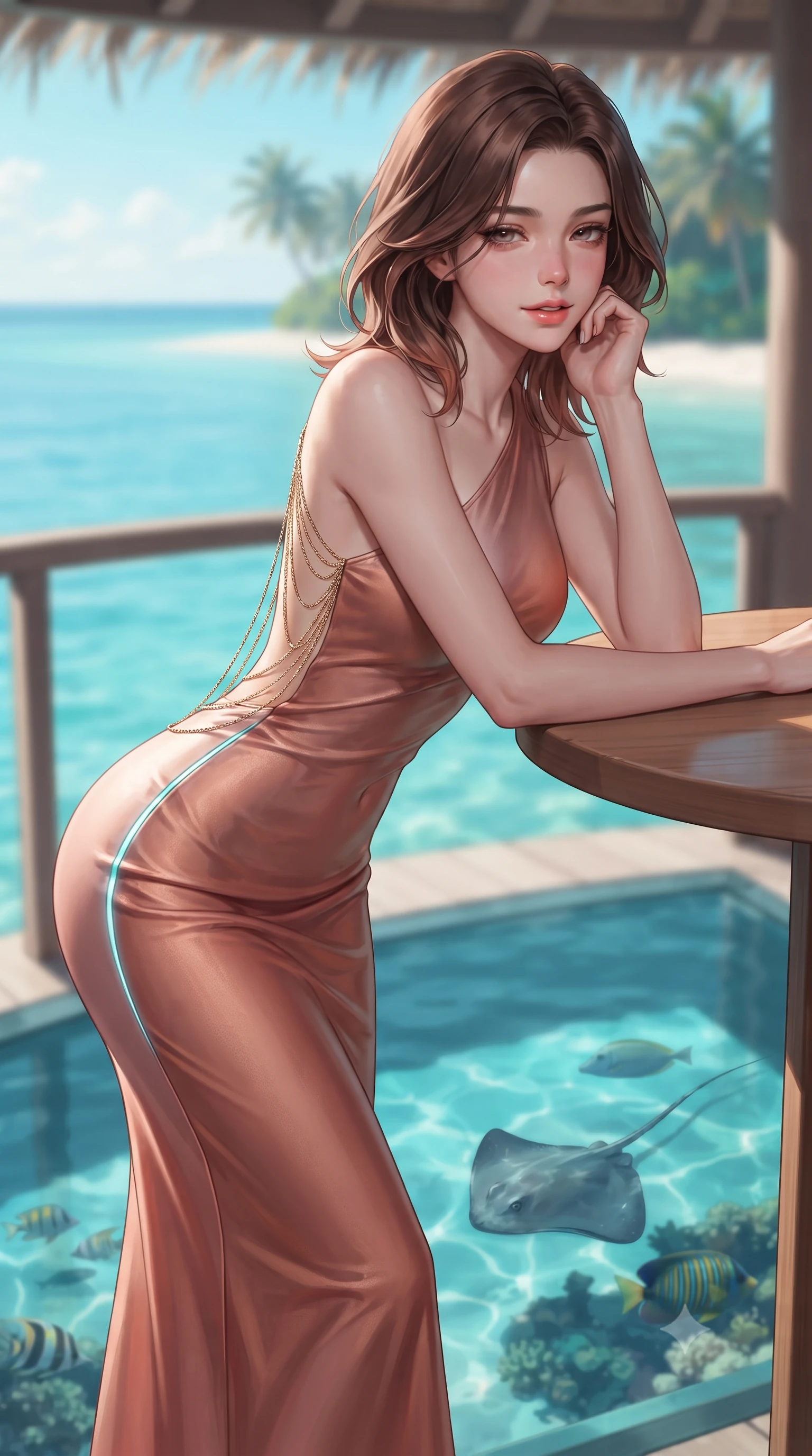 score_9, masterpiece, best quality, ultra-detailed, high-budget anime keyframe, editorial fashion photography, tasteful artistic composition, Korean woman. close-up cowboy shot from the waist and thighs up, the character dominates the composition, filling the frame with her large presence. resting one elbow on the table and supporting her chin, leaning close to the camera with heavy-lidded sparkling eyes and parted lips while leaning against the open-air pavilion balustrade with hips cocked back, looking out over the calm lagoon with heavy-lidded bedroom-eyes. The background shows a soft-focus swimming stingrays and tropical reef fish visible through glass floor, open lagoon breeze, and distant coconut palm silhouettes blurred into turquoise, emerald, and cream bokeh. She has an exceptionally elegant, slender, and willowy female figure with an ultra-slim waist, flat toned midriff, narrow ribcage, and sculpted feminine hips creating an alluring, slim hourglass silhouette without bulk. sharp v-shaped jawline, high-bridge nose, intricate jewel-like sparkling eyes with depth, thick eyelashes, glossy parted lips with a natural peach sheen, bright cheerful beaming smile with an enchanting and coquettish sensual glint, exuding both youthful cute charm and seductive allure, flawlessly proportioned anatomical accuracy, strict slender model proportions, natural body alignment, perfectly sculpted long slender limbs, ultra-slim waistline, clean dynamic posture without body distortion. wearing a liquid jersey asymmetrical one-shoulder gown with seamless sculpting hold adhering tightly to her silhouette in rose-quartz blush and burnished copper, woven from buttery-soft stretch lambskin leather adhering to her body like a second skin, accented with an open-back drape framed by falling strands of delicate gold chains, the glove-like clinging cut tightly following the natural contour of her hips and long slender legs with youthful 8.5-heads elegance. illuminated by glass floor reflection bounce and sharp platinum-cyan rim lights defining her dewy collarbones, ultra-slim waist, and curvy hips. ultra-reflective glossy finish, specular highlights, rich textural contrasts, high-contrast stereoscopic depth, volumetric dynamic lighting, 2k, ultra detail, master piece, 9:16 ratio