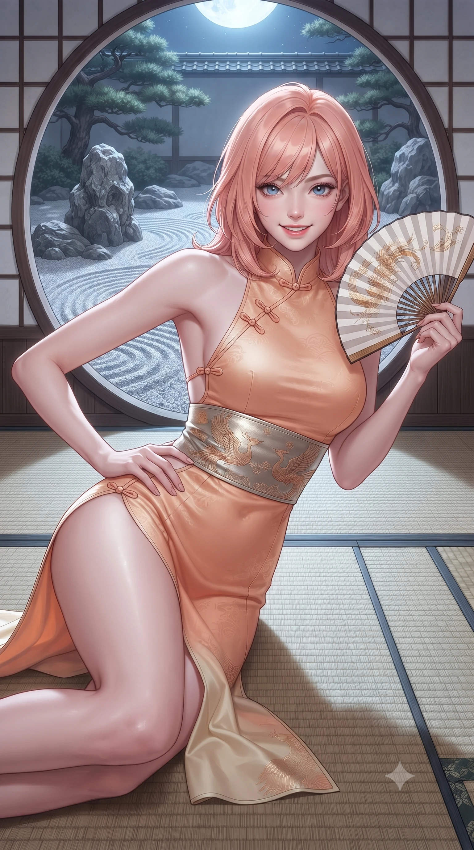 score_9, masterpiece, best quality, ultra-detailed, high-budget anime keyframe, editorial fashion photography, tasteful artistic composition, Japanese woman. close-up cowboy shot from the waist and thighs up, the character dominates the composition, filling the frame with her large presence. twisting her slender torso in an alluring contrapposto stance, one hand resting on her sculpted hip while holding a traditional silk folding fan with effortless poise while lounging languidly across a tatami mat propped on one elbow, her flat midriff and long slender limbs glowing in pure white moonlight. The surrounding environment is rendered in vivid detail and crisp panoramic clarity: sharp gravel wave ridge textures, weathered granite garden rock pores, and circular timber window frame joinery in deep focus. She has an exceptionally elegant, slender, and willowy female figure with an ultra-slim waist, flat toned midriff, narrow ribcage, and sculpted feminine hips creating an alluring, slim hourglass silhouette without bulk. sharp v-shaped jawline, high-bridge nose, intricate jewel-like dark sparkling almond eyes with depth, thick lashes, glossy parted lips with a natural rose-plum sheen, bright alluring and coquettish smile with bedroom-eyes, exuding both timeless oriental elegance and sovereign high-fashion allure, flawlessly proportioned anatomical accuracy, strict slender model proportions, natural body alignment, perfectly sculpted long slender limbs, ultra-slim waistline, clean dynamic posture without body distortion. wearing a backless halter qipao mini dress with delicate frog-button closures and side waist cutouts framing her hourglass curves in warm peach apricot and soft vanilla silk, tailored from fine crisp cotton-linen with clean structural lines, finished with a wide metallic obi sash with intricate embroidered phoenix motifs, the liquid-tight tailored silk fabric clinging flawlessly to her narrow waist and rounded feminine hips, emphasizing every millimeter of her sculpted slim hourglass curves without any bulky heaviness. bathed in pristine silver moonlight pouring through the circular moon-gate aperture. ultra-reflective glossy finish, specular highlights, rich textural contrasts, high-contrast stereoscopic depth, volumetric dynamic lighting, 2k, ultra detail, master piece, 9:16 ratio