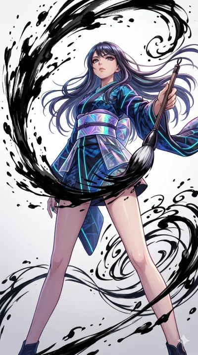 score_9, masterpiece, best quality, ultra-detailed, High-budget Anime Keyframe, beautiful Japanese anime girl. Low angle cowboy shot filling the entire 9:16 frame with her statuesque presence. Unleashing a single, powerful brush stroke that causes an