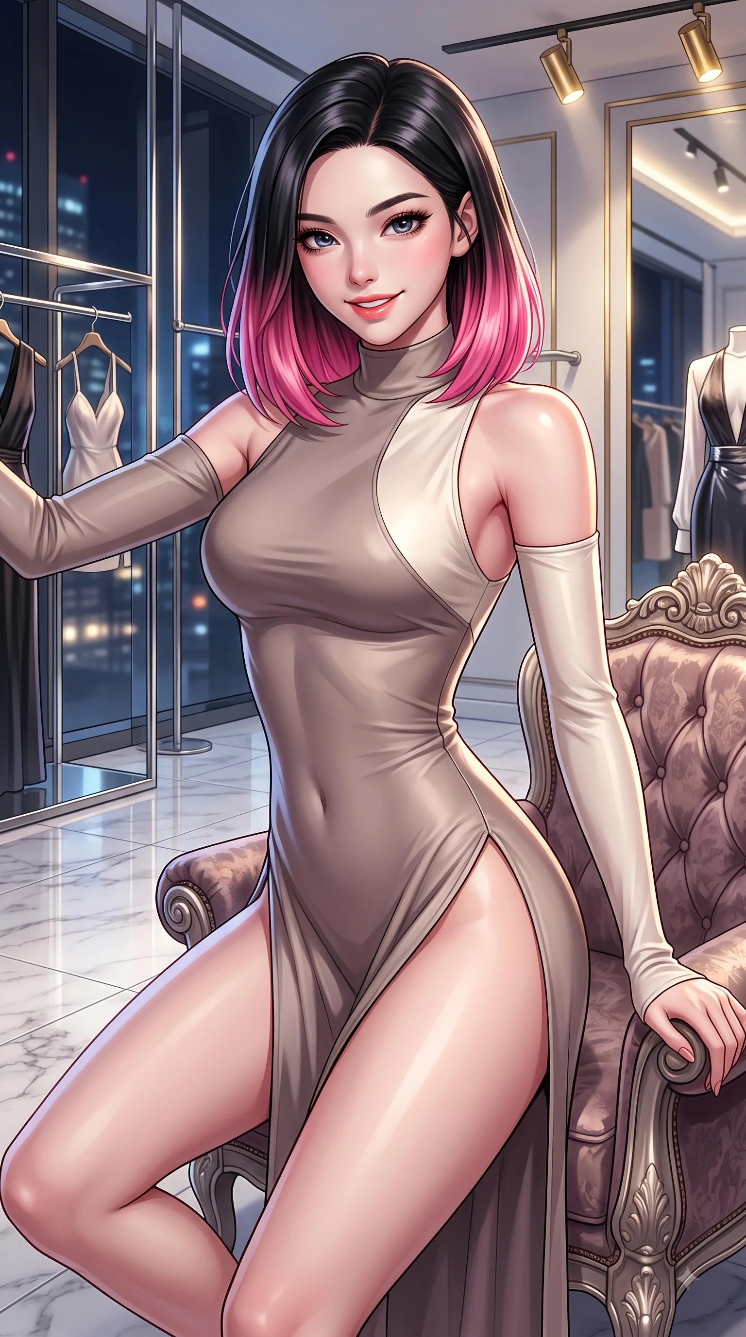 score_9, masterpiece, best quality, ultra-detailed, high-budget anime keyframe, editorial fashion photography, tasteful artistic composition, Korean woman. close-up cowboy shot from the waist and thighs up, the character dominates the composition, filling the frame with her large presence, background elements kept in soft focus. Gazing directly into the camera with a fresh, infectious smile as her torso curves dynamically in mid-stride while lounging in a velvet armchair inside a high-end designer showroom with a smoldering smile, sleek chrome fixtures and polished marble floors reflecting crisp editorial key lights. She has an exceptionally elegant, slender, and willowy female figure with an ultra-slim waist, a gracefully sculpted slender torso, and a refined silhouette. sharp v-shaped jawline, high-bridge nose, intricate jewel-like eyes with depth, thick eyelashes, glossy lips with a natural sheen, flawlessly proportioned anatomical accuracy, natural body alignment, perfectly sculpted elegant limbs, clean dynamic posture without body distortion. wearing an asymmetrical high-cut tech-bodysuit with detached sleeves in muted taupe and soft ivory, crafted from smooth liquid silk, finished with a sleek side slit ascending to mid-thigh, the form-contouring material highlighting her ultra-slim waist and long lines. bathed in dramatic high-contrast urban night lights and sleek golden spotlights. highly saturated vibrant anime colors, detailed shading with soft gradients, rich glossy textures, high-contrast stereoscopic depth, volumetric dynamic lighting, master piece, 9:16 ratio