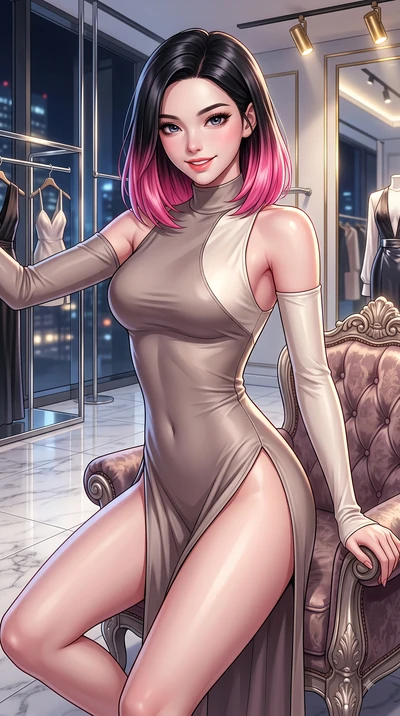 score_9, masterpiece, best quality, ultra-detailed, high-budget anime keyframe, editorial fashion photography, tasteful artistic composition, Korean woman. close-up cowboy shot from the waist and thighs up, the character dominates the composition, fi