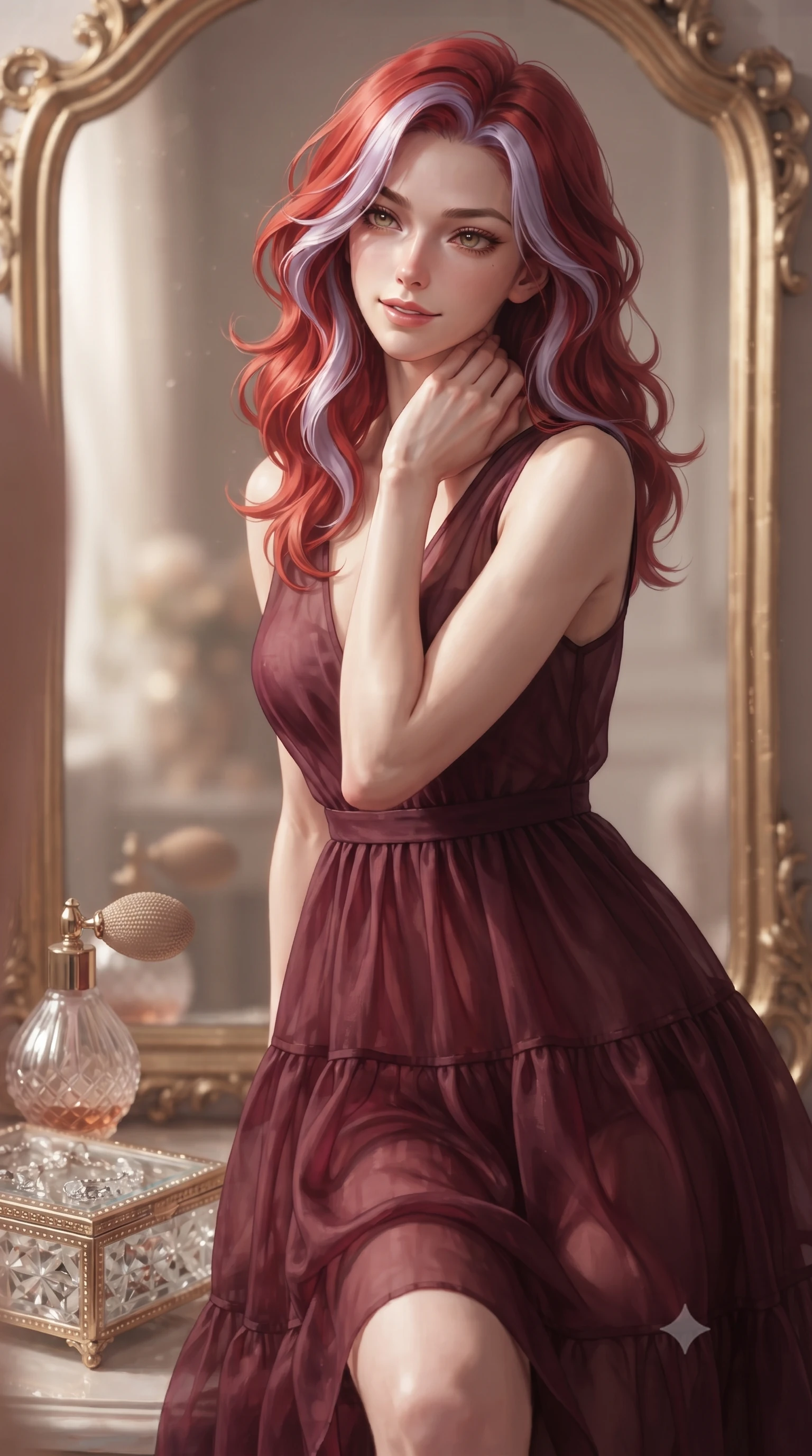 score_9, masterpiece, best quality, ultra-detailed, high-budget anime keyframe, editorial fashion photography, tasteful artistic composition, Caucasian woman. close-up cowboy shot from the waist and thighs up, the character dominates the composition, filling the frame with her large presence, background elements kept in soft focus. gazing into a gilded mirror reflection with a confident, sensual smile, tracing her neck contour set against a soft-focus background of inside an exclusive coastal veranda with a vintage perfume atomizer and crystal jewelry box reflecting soft light. She has an exceptionally elegant, slender, and willowy female figure with an ultra-slim waist, a gracefully sculpted slender torso, and a refined silhouette. sharp v-shaped jawline, high-bridge nose, intricate jewel-like eyes with depth, thick eyelashes, glossy lips with a natural sheen. wearing form-contouring deep burgundy sheer organza flowy linen sundress with a comfortable tiered skirt silhouette featuring refined tailored seams. accented by a single dramatic key light highlighting her statuesque posture and slim waist. ultra-reflective glossy finish, specular highlights, metallic sheen, high-contrast stereoscopic depth, volumetric dynamic lighting, 2k, ultra detail, master piece, 9:16 ratio