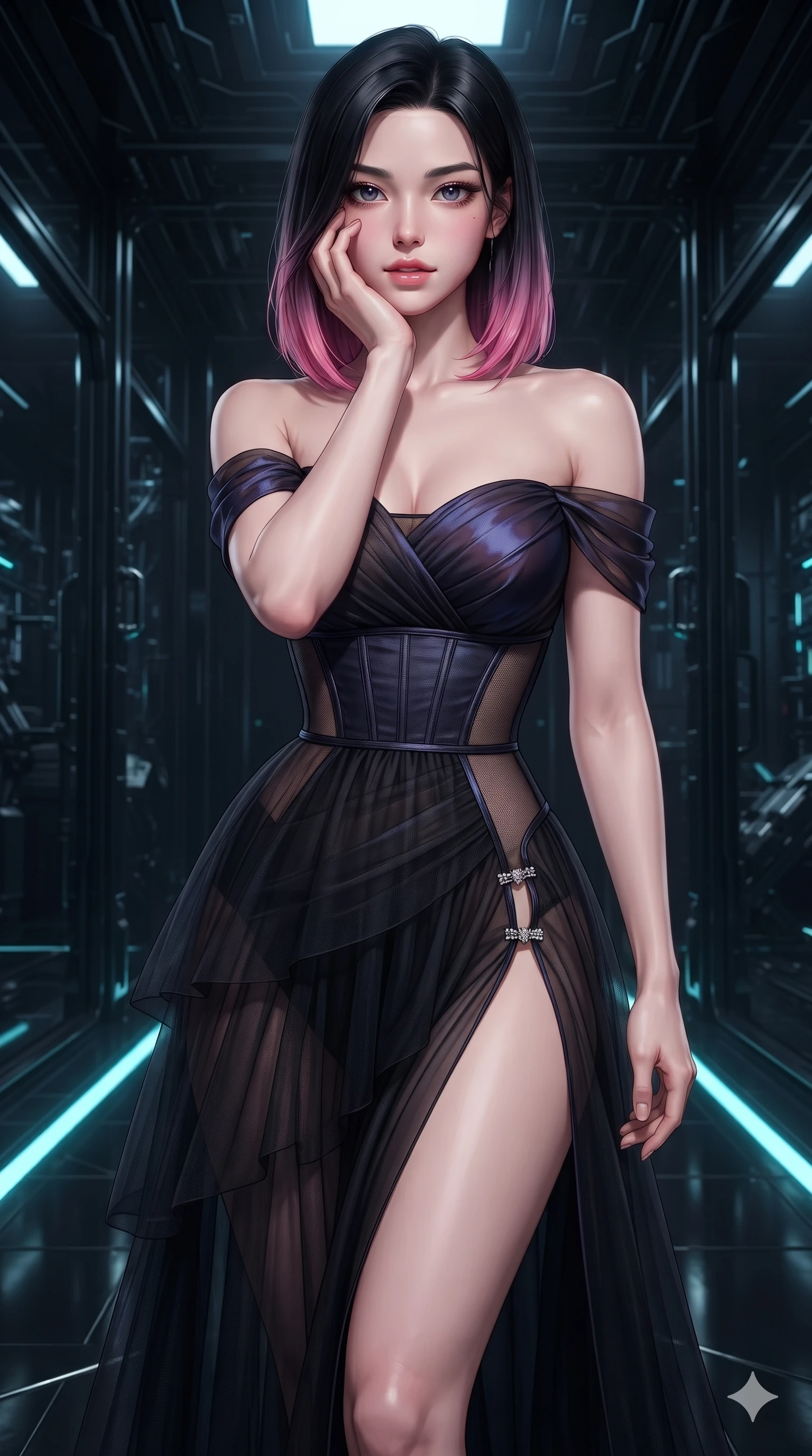 score_9, masterpiece, best quality, ultra-detailed, high-budget anime keyframe, editorial fashion photography, tasteful artistic composition, Korean woman. close-up cowboy shot from the waist and thighs up, the character dominates the composition, filling the frame with her large presence. resting her chin on the backs of her fingers with an air of effortless superiority and parted glossy lips while navigating the midnight sanctuary with an effortless, graceful stride, her dark tailored fit highlighting her hourglass curves. The surrounding environment is rendered in vivid detail and crisp panoramic clarity: detailed high-neck ribbed activewear bodysuit tailoring, titanium buckles, and clean cybernetic hardware in razor-sharp precision. She has an exceptionally elegant, slender, and willowy female figure with an ultra-slim waist, flat toned midriff, narrow ribcage, and sculpted feminine hips creating an alluring, slim hourglass silhouette without bulk. sharp v-shaped jawline, high-bridge nose, intricate jewel-like dark sparkling eyes with hypnotic seductive depth, thick curled eyelashes, glossy parted lips with a natural wine sheen, alluring bedroom-eyes with an enigmatic smoldering smile, exuding magnetic sovereign charisma and dark avant-garde glamour, flawlessly proportioned anatomical accuracy, strict slender model proportions, natural body alignment, perfectly sculpted long slender limbs, ultra-slim waistline, clean dynamic posture without body distortion. wearing a tiered semi-sheer black tulle and silk slip dress with an ultra-slim corseted waist and bare shoulders in iridescent dark violet taffeta and midnight indigo, featuring strategic sheer-illusion micro-mesh cutouts along her ribcage and hip flanks, finished with an ultra-high side slit secured by miniature jeweled clasps, the liquid-tight tailored fabric clinging flawlessly to her narrow waist and rounded feminine hips, emphasizing every millimeter of her sculpted slim hourglass curves without any bulky heaviness. illuminated by stasis fluid floor bounce and sharp electric-cyan rim lights defining her razor-sharp jawline, narrow waist, and curvy hips. ultra-reflective glossy finish, specular highlights, metallic sheen, high-contrast stereoscopic depth, volumetric dynamic lighting, 2k, ultra detail, master piece, 9:16 ratio