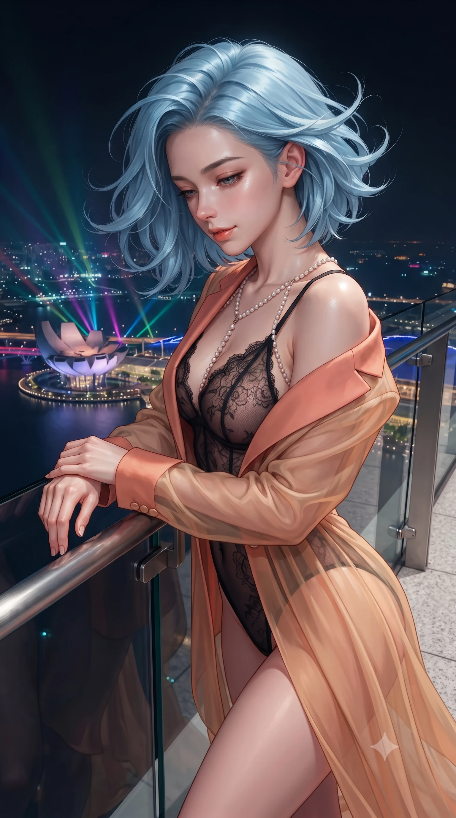 score_9, masterpiece, best quality, ultra-detailed, high-budget anime keyframe, editorial fashion photography, tasteful artistic composition, Korean woman. close-up cowboy shot from the waist and thighs up, the character dominates the composition, filling the frame with her large presence. turning slowly with an enchanting smoldering smile, her glossy hair tossing in the breeze as her hips angle gracefully in a captivating contrapposto while leaning against the frameless structural glass railing with hips cocked back, looking down at the illuminated ArtScience Museum with heavy-lidded bedroom-eyes. The surrounding environment is rendered in vivid detail and crisp panoramic clarity: sharp structural glass corner bevels, polished white granite floor joints, and stainless steel expansion joint hardware in deep focus. She has an exceptionally elegant, slender, and willowy female figure with an ultra-slim waist, flat toned midriff, narrow ribcage, and sculpted feminine hips creating an alluring, slim hourglass silhouette without bulk. sharp v-shaped jawline, high-bridge nose, intricate jewel-like sparkling eyes with depth, thick eyelashes, glossy parted lips with a natural peach sheen, bright cheerful beaming smile with an enchanting and coquettish sensual glint, exuding both youthful cute charm and seductive allure, flawlessly proportioned anatomical accuracy, strict slender model proportions, natural body alignment, perfectly sculpted long slender limbs, ultra-slim waistline, clean dynamic posture without body distortion. wearing a delicate sheer French Chantilly lace teddy layered under an open tailored tuxedo blazer draped over bare shoulders in Palm Springs desert sunset coral and warm honey champagne, made of sheer gossamer chiffon that drapes softly against skin with airy translucence, accented with a pearl-drop body harness subtly framing her dewy collarbones and spine, the high-slit wrap tailoring accentuating her ultra-slim waistline and the enchanting curve of her feminine hips with alluring seductive charm. bathed in the dynamic multi-colored ambient of the illuminated bay lasers contrasted with warm 2900K recessed deck cove downlights. ultra-reflective glossy finish, specular highlights, rich textural contrasts, high-contrast stereoscopic depth, volumetric dynamic lighting, 2k, ultra detail, master piece, 9:16 ratio