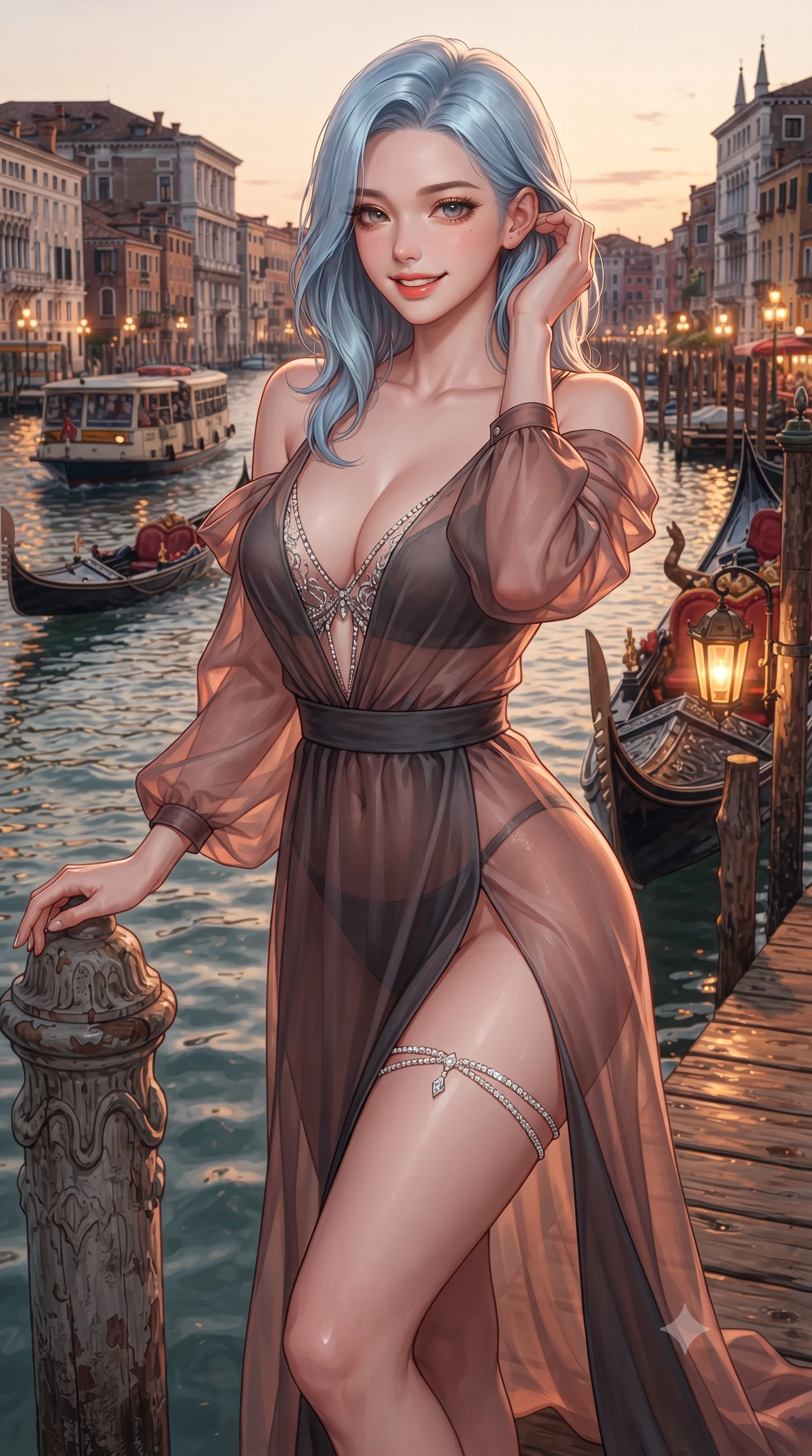 score_9, masterpiece, best quality, ultra-detailed, high-budget anime keyframe, editorial fashion photography, tasteful artistic composition, Korean woman. close-up cowboy shot from the waist and thighs up, the character dominates the composition, filling the frame with her large presence. gently brushing a lock of hair behind her ear while casting a playful, flirtatious side-gaze with long eyelashes while standing poised on the wooden pontoon with one hand resting on the carved mooring post, her hips cocked back as water ripples beneath. The surrounding environment is rendered in vivid detail and crisp panoramic clarity: detailed plunge-front sheer mesh gown beading, hip-high leg slit, and Venetian maritime craft in high resolution. She has an exceptionally elegant, slender, and willowy female figure with an ultra-slim waist, flat toned midriff, narrow ribcage, and sculpted feminine hips creating an alluring, slim hourglass silhouette without bulk. sharp v-shaped jawline, high-bridge nose, intricate jewel-like sparkling eyes with depth, thick eyelashes, glossy parted lips with a natural peach sheen, bright cheerful beaming smile with an enchanting and coquettish sensual glint, exuding both youthful cute charm and seductive allure, flawlessly proportioned anatomical accuracy, strict slender model proportions, natural body alignment, perfectly sculpted long slender limbs, ultra-slim waistline, clean dynamic posture without body distortion. wearing a modern sheer organza kimono dress with wide sleeves slipping gracefully off bare shoulders over a fitted bralette in sultry copper rose and deep shadow charcoal, crafted from translucent silk organza with an ethereal crystalline sheen, finished with delicate crystal-encrusted thigh garter straps glinting in the dim light, the glove-like clinging cut tightly following the natural contour of her hips and long slender legs with youthful 8.5-heads elegance. bathed in the warm dancing 2400K incandescent glow of brass gondola lanterns reflecting in rippling water. ultra-reflective glossy finish, specular highlights, rich textural contrasts, high-contrast stereoscopic depth, volumetric dynamic lighting, 2k, ultra detail, master piece, 9:16 ratio