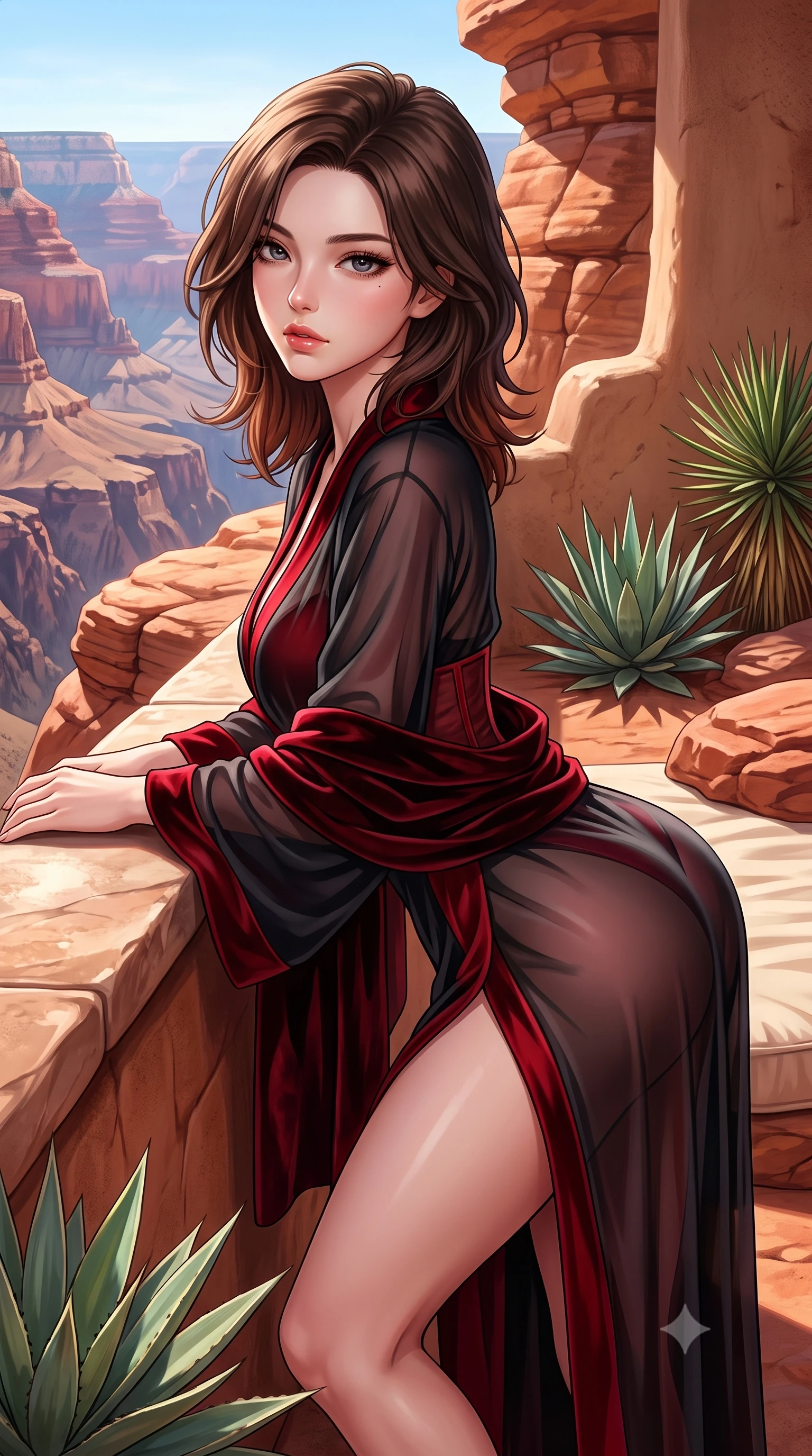 score_9, masterpiece, best quality, ultra-detailed, high-budget anime keyframe, semi-realistic 3D game render, editorial fashion photography, tasteful artistic composition, Korean woman. close-up cowboy shot from the waist and thighs up, the character dominates the composition, filling the frame with her large presence. leaning forward against the polished railing with her hips cocked back, creating an intoxicating curve from her narrow waist to sculpted hips as she gazes back into the lens while reclining on a sun-warmed red rock terrace daybed propped on one elbow, arching her lower back to accentuate her curvy hips against the canyon panorama. The surrounding environment is rendered in vivid detail and crisp panoramic clarity. sharp weathered red sandstone strata, smooth adobe wall textures, and desert succulent leaves in deep focus. She has an exceptionally elegant, slender, and willowy female figure with an ultra-slim waist, flat toned midriff, narrow ribcage, and sculpted feminine hips creating an alluring, slim hourglass silhouette without bulk. sharp v-shaped jawline, high-bridge nose, intricate jewel-like eyes with depth, thick eyelashes, glossy parted lips with a natural sheen, intensely captivating and seductive bedroom-eyes expression, flawlessly proportioned anatomical accuracy, strict slender model proportions, natural body alignment, perfectly sculpted long slender limbs, ultra-slim waistline, clean dynamic posture without body distortion. wearing a delicate semi-translucent silk yukata that clings to her wet skin and curvy hip contours in phantom obsidian black and blood-red velvet, made of fluid silk crepe with delicate inner corsetry boning, complemented by a plush velvet shawl draped loosely over her elbows, the form-contouring material adhering flawlessly to her sculpted flat midriff and slender torso, emphasizing her long leg lines and perfectly proportioned willowy build. surrounded by an earthy, sacred, and deeply sensual desert goddess aura. highly saturated vibrant anime colors, detailed shading with soft gradients, rich glossy textures, high-contrast stereoscopic depth, volumetric dynamic lighting, master piece, 9:16 ratio