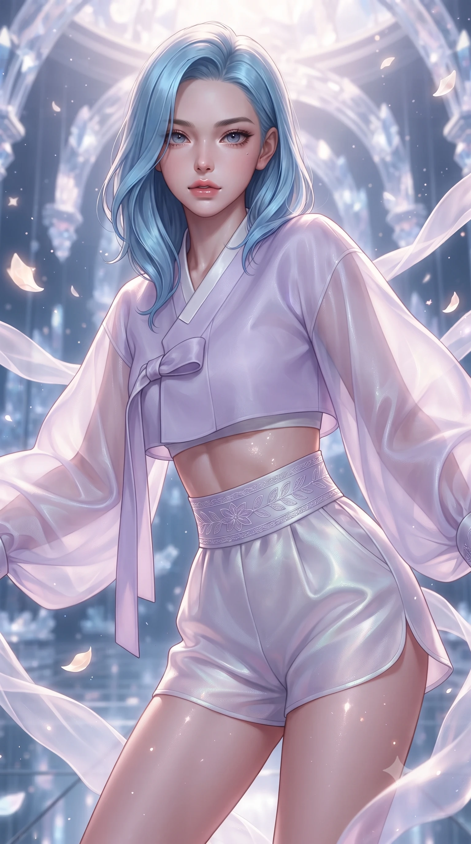 score_9, masterpiece, best quality, ultra-detailed, high-budget anime keyframe, editorial fashion photography, tasteful artistic composition, Korean woman. close-up cowboy shot from the waist and thighs up, the character dominates the composition, filling the frame with her large presence. leaning forward with playful, captivating grace, her sculpted collarbones and slender neckline highlighted by directional light while floating weightlessly in a celestial sanctuary chamber where endless translucent silk ribbons and glowing star petals drift in zero gravity. The composition keeps background elements in soft focus with creamy bokeh. infinite celestial mirror walls and floating crystal arches softened in dreamy shallow focus. She has an exceptionally elegant, slender, and willowy female figure with an ultra-slim waist, a gracefully sculpted slender torso, toned flat midriff, and a refined slim silhouette. sharp v-shaped jawline, high-bridge nose, intricate jewel-like eyes with depth, thick eyelashes, glossy lips with a natural sheen, captivating and magnetic expression, flawlessly proportioned anatomical accuracy, strict slender model proportions, natural body alignment, perfectly sculpted long slender limbs, ultra-slim waistline, clean dynamic posture without body distortion. wearing a modern shortened cyber-hanbok crop top with wide billowing sleeves and high-waist silk shorts in ethereal lilac mist and pearlescent white, crafted from weightless prism organza that refracts light with every motion, finished with a wide embroidered waist band emphasizing her slender midriff, the liquid-tight tailored fabric emphasizing every curve of her tall, slender model proportions and sculptured silhouette during dynamic movement. illuminated by crisp specular highlights tracing her ultra-slim waist, toned midriff, and long slender limbs. ultra-reflective glossy finish, specular highlights, rich textural contrasts, high-contrast stereoscopic depth, volumetric dynamic lighting, 2k, ultra detail, master piece, 9:16 ratio