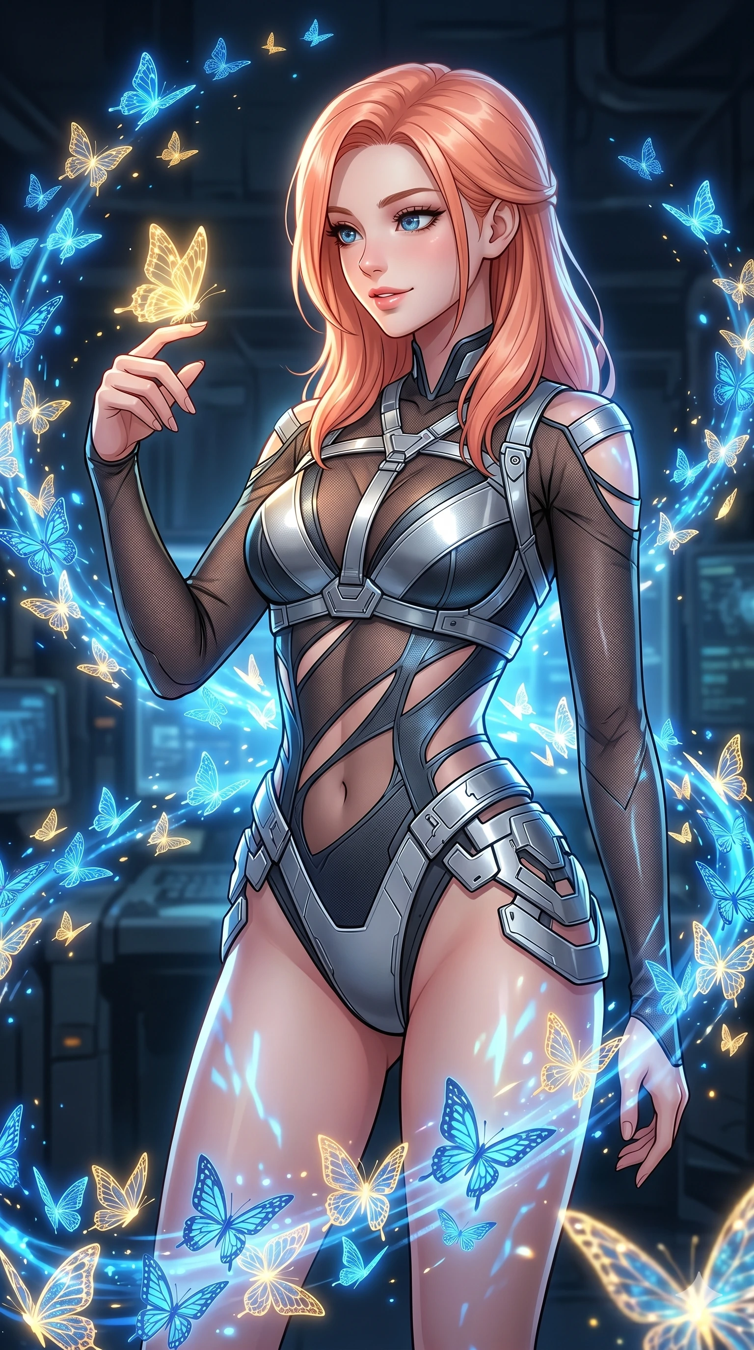 score_9, masterpiece, best quality, ultra-detailed, high-budget anime keyframe, Japanese woman. Upper body close-up from the thighs up, character filling the screen for maximum presence. She is surrounded by thousands of glowing digital butterflies that orbit her body. She reaches out to let one land on her finger, looking at it with a soft, captivating smile. She has an absolutely perfect 8-heads proportion, an exceptionally tall and slender female figure with impossibly long slender legs and an ultra-slim waist. V-shaped jawline, high-bridge nose, intricate jewel-like eyes with depth, thick eyelashes, glossy lips with a natural sheen. She is wearing an ultra-sleek high-cut tech-bodysuit featuring dangerous diagonal slitted cutouts on the midriff and shoulders, reinforced by a metallic silver harness and sheer mesh sleeves. The scene is lit by brilliant blue and gold light from the butterflies and a sharp side key light. 2k, ultra detail, master piece, 9:16 ratio