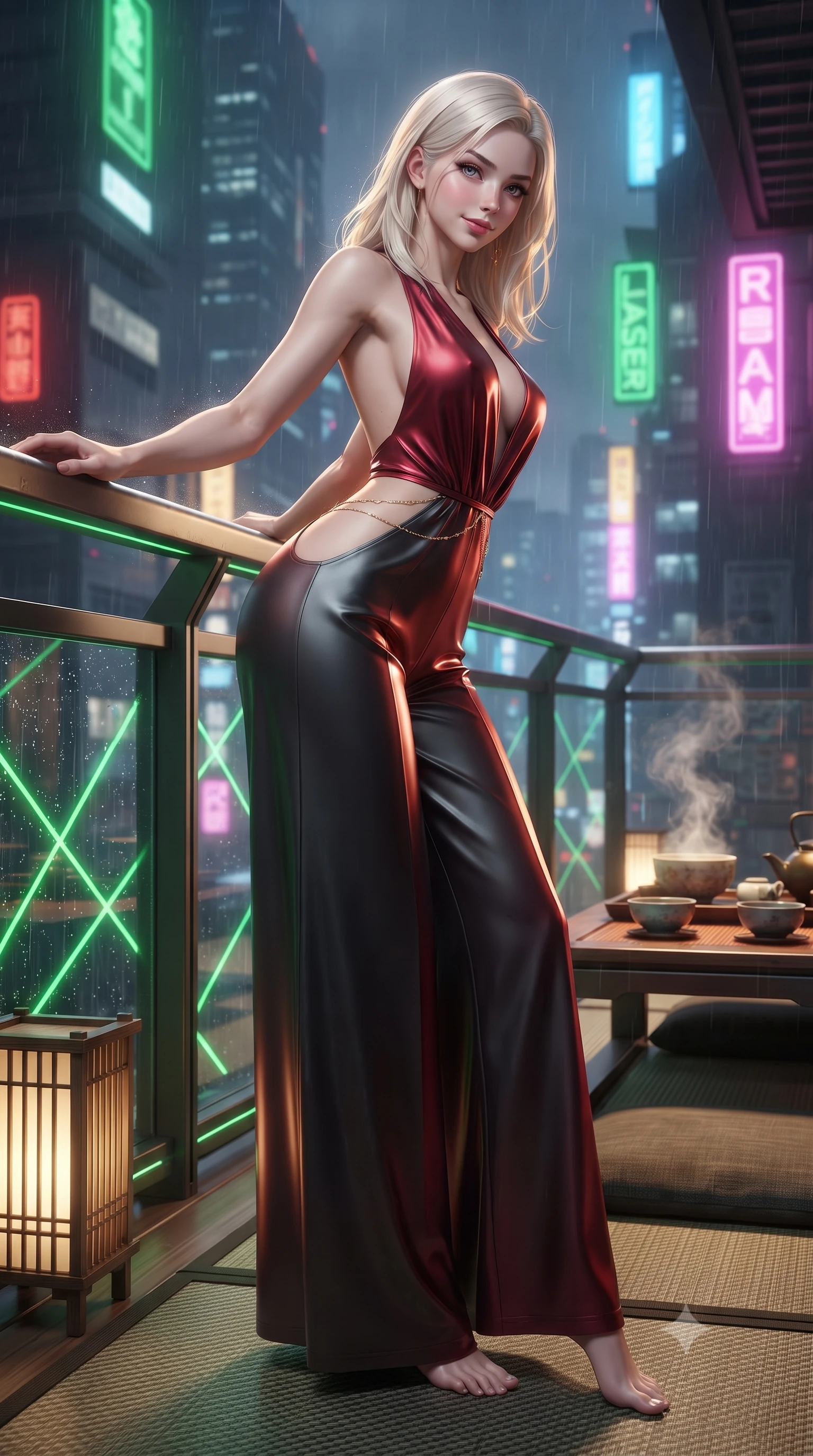 score_9, masterpiece, best quality, ultra-detailed, high-budget anime keyframe, editorial fashion photography, tasteful artistic composition, Caucasian woman. low angle full-body shot from head to toe showing her feet, filling the entire 9:16 vertical frame with her statuesque presence, stretching her vertical silhouette. leaning deep against the balcony balustrade with hips cocked back in an unapologetically alluring high-fashion stance, casting an intoxicating glance while twisting her slender torso in an alluring contrapposto stance, rising tea steam and rainy neon skyscraper reflections framing her curves. The surrounding environment is rendered in vivid detail and crisp panoramic clarity: sharp carbon-fiber tatami mat weave, laser emitter bamboo bases, and ceramic bowl glaze in deep focus. She has an absolutely perfect, statuesque 8.5-heads proportion, an exceptionally tall and slender model-like female figure with impossibly long slender legs, an ultra-slim waist, a flat toned midriff, narrow delicate ribcage, and beautifully sculpted feminine hips creating a graceful, slim hourglass silhouette without any bulky heaviness. sharp v-shaped jawline, high-bridge nose, sparkling eyes with hypnotic seductive depth, thick curled eyelashes, glossy parted lips with a natural dewy peach sheen, alluring bedroom-eyes with an enchanting coquettish smile, exuding magnetic siren charisma and sophisticated glamour, flawlessly proportioned anatomical accuracy, strict slender model proportions, natural body alignment, perfectly sculpted long slender limbs, ultra-slim waistline, clean dynamic posture without body distortion. wearing a backless plunge-front silk satin jumpsuit with fluid wide-leg silhouette and side hip cutouts in rich cherry lacquer and smoky charcoal, tailored from fine structural neoprene with crisp architectural edges and smooth contouring, accented with a dainty gold belly chain resting across her flat midriff and curving hips, the precision-cut side openings and low-back scoop framing her graceful spine and the sensual sweep of her slim, toned hips. bathed in warm 2800K tea table downlighting mixed with vibrant green laser lattice accents and exterior neon fill. ultra-reflective glossy finish, specular highlights, rich textural contrasts, high-contrast stereoscopic depth, volumetric dynamic lighting, 2k, ultra detail, master piece, 9:16 ratio
