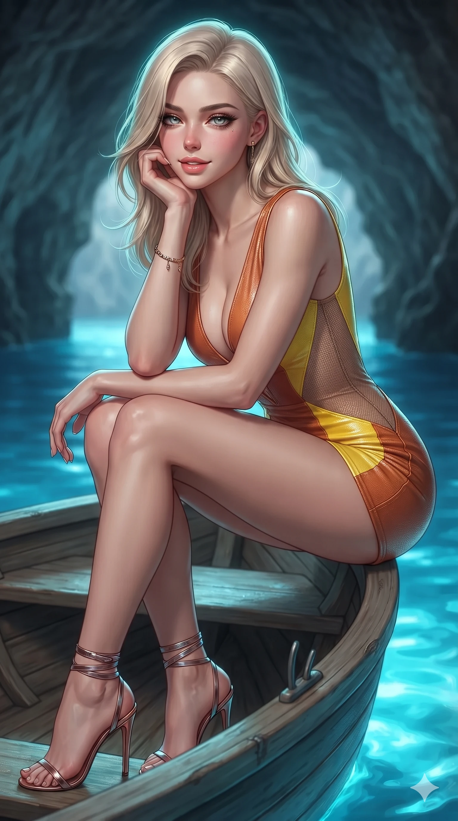 score_9, masterpiece, best quality, ultra-detailed, high-budget anime keyframe, editorial fashion photography, tasteful artistic composition, Caucasian woman. close-up cowboy shot from the waist and thighs up, the character dominates the composition, filling the frame with her large presence. resting one elbow on the yacht railing and supporting her chin, leaning close to the camera with heavy-lidded sparkling eyes and parted lips while perched gracefully on the edge of a small wooden rowing boat inside the luminous grotto, arching her spine with ethereal siren poise as electric blue water glows beneath her. The background shows a soft-focus grotto entrance ripples softened in mysterious maritime subterranean shallow focus. She has an exceptionally elegant, slender, and willowy female figure with an ultra-slim waist, flat toned midriff, narrow ribcage, and sculpted feminine hips creating an alluring, slim hourglass silhouette without bulk. sharp v-shaped jawline, high-bridge nose, sparkling eyes with hypnotic seductive depth, thick curled eyelashes, glossy parted lips with a natural dewy peach sheen, alluring bedroom-eyes with an enchanting coquettish smile, exuding magnetic siren charisma and sophisticated glamour, flawlessly proportioned anatomical accuracy, strict slender model proportions, natural body alignment, perfectly sculpted long slender limbs, ultra-slim waistline, clean dynamic posture without body distortion. wearing a deep V-neck wet-look liquid lycra romper with side-torso mesh inserts accentuating her hourglass curves in sun-kissed terracotta and Amalfi lemon yellow, woven from bespoke sun-bleached selvedge linen with rich tactile slub texture, complemented by strappy stiletto sandals with metallic ankle wraps accentuating her slender calves, the liquid-tight tailored fabric clinging flawlessly to her narrow waist and rounded feminine hips, emphasizing every millimeter of her sculpted slim hourglass curves without any bulky heaviness. illuminated by glowing water bounce and sharp cyan-teal rim lights defining her razor-sharp jawline, narrow waist, and curvy hips against dark cavern stone. ultra-reflective glossy finish, specular highlights, rich textural contrasts, high-contrast stereoscopic depth, volumetric dynamic lighting, 2k, ultra detail, master piece, 9:16 ratio