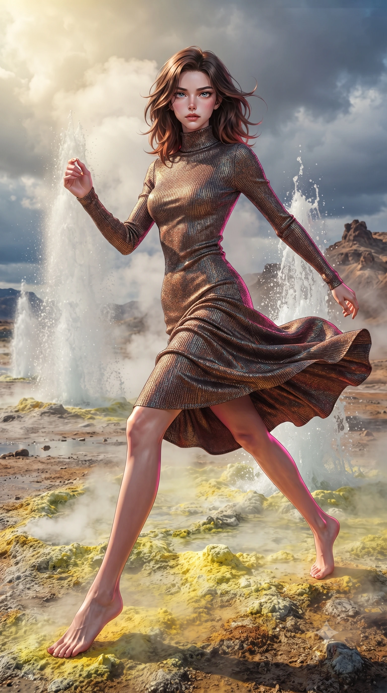 score_9, masterpiece, best quality, ultra-detailed, high-budget anime keyframe, editorial fashion photography, tasteful artistic composition, realistic cosplay photography, Korean woman. low angle full-body shot from head to toe showing her feet, filling the entire 9:16 vertical frame with her statuesque presence, stretching her vertical silhouette. lunging forward with a piercing thrust, her entire silhouette stretched in action through a field of active geysers erupting high pressure boiling water, mineral crusts of bright sulfur yellow lining the steaming earth. She has a statuesque 8.5-heads proportion, an exceptionally tall, slender and willowy model-like build with impossibly long legs and a highly sculpted ultra-slim waist. sharp v-shaped jawline, high-bridge nose, intricate jewel-like eyes with depth, thick eyelashes, glossy lips with a natural sheen. wearing the lightweight fabric rippling and billowing dramatically with her movement, a slim-fit long-sleeve fitted turtleneck dress in a shimmering multi-colored bronze metallic knit, tracing every line of her slender form. dramatic contrast of hot pink furnace glow from below and cool golden light from above. ultra-reflective glossy finish, specular highlights, metallic sheen, high-contrast stereoscopic depth, volumetric dynamic lighting, 2k, ultra detail, master piece, 9:16 ratio