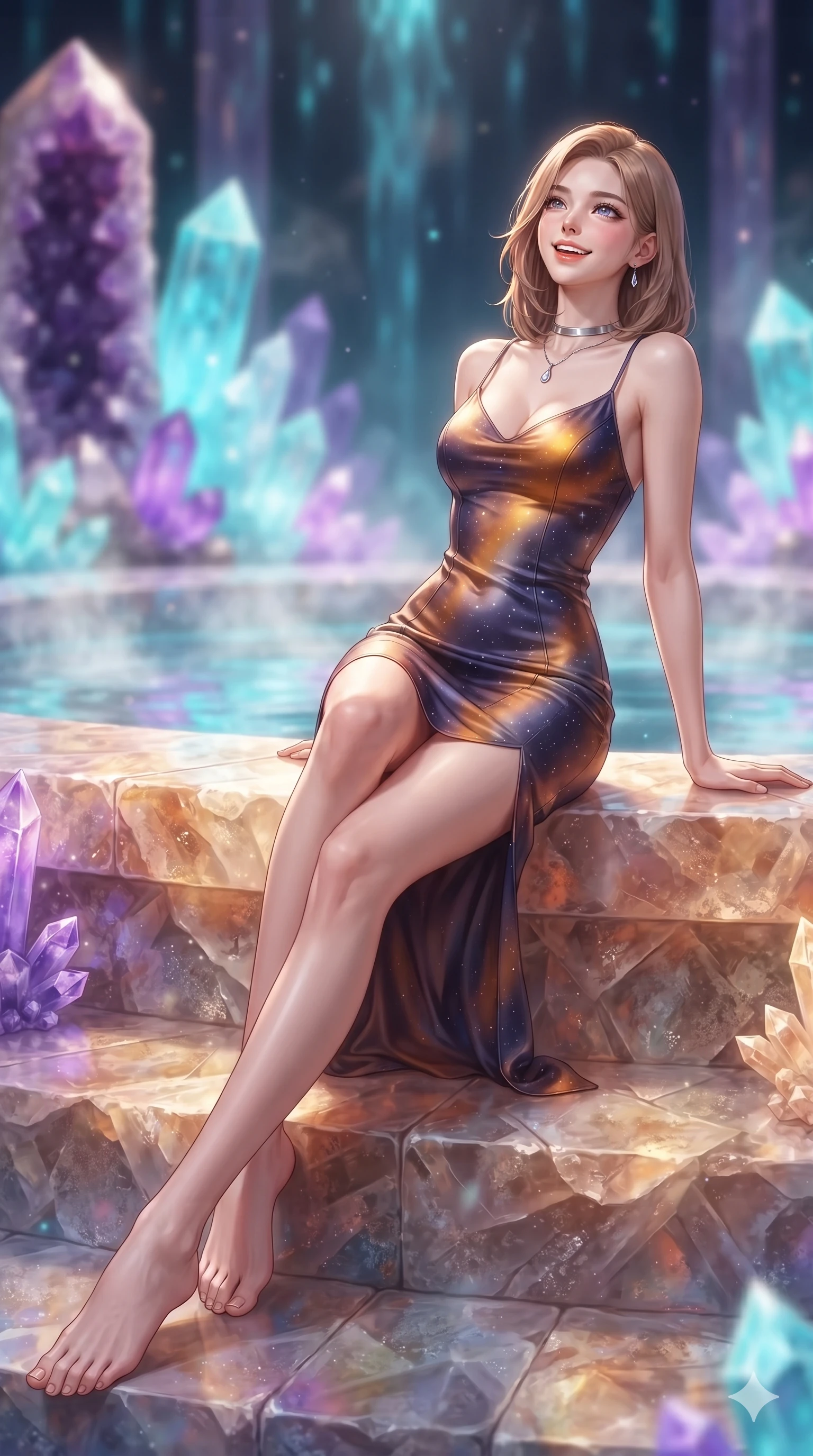 score_9, masterpiece, best quality, ultra-detailed, high-budget anime keyframe, semi-realistic 3D game render, editorial fashion photography, tasteful artistic composition, Korean woman. low angle full-body shot from head to toe showing her feet, filling the entire 9:16 vertical frame with her statuesque presence, stretching her vertical silhouette. sitting poised on the stone steps with one knee bent, arching her spine with supermodel elegance as she glances upward through thick eyelashes while lounging gracefully across the warm crystalline stone bench propped on one elbow with legs extended, displaying her long slender limbs and statuesque hourglass silhouette. The background shows a soft-focus towering purple amethyst and cyan celestine crystal clusters, phosphorescent water currents, and rising mineral steam blurred into amethyst, neon cyan, and diamond bokeh. She has an exceptionally tall and slender model-like 8.5-heads proportion, an ultra-slim waist, a flat toned midriff, narrow delicate ribcage, and beautifully sculpted feminine hips creating a graceful, slim hourglass silhouette without any bulky heaviness, with impossibly long slender legs. sharp v-shaped jawline, high-bridge nose, intricate jewel-like sparkling eyes with depth, thick eyelashes, glossy parted lips with a natural peach sheen, bright cheerful beaming smile with an enchanting and coquettish sensual glint, exuding both youthful cute charm and seductive allure, flawlessly proportioned anatomical accuracy, strict slender model proportions, natural body alignment, perfectly sculpted long slender limbs, ultra-slim waistline, clean dynamic posture without body distortion. wearing a sculpted liquid satin bias-cut slip dress tailored with contouring seams that adhere flawlessly over her curves in cosmic eclipse amber and starlight diamond, crafted from fluid liquid silk satin that clings smoothly to her narrow waist and rounded hips with a dewy sheen, finished with a minimalist chrome choker and a single teardrop diamond pendant, the liquid-tight tailored fabric clinging flawlessly to her narrow waist and rounded feminine hips, emphasizing every millimeter of her sculpted slim hourglass curves without any bulky heaviness. bathed in the natural phosphorescent glow of ultraviolet and cyan crystals combined with warm mineral pool LEDs. highly saturated vibrant anime colors, detailed shading with soft gradients, rich glossy textures, high-contrast stereoscopic depth, volumetric dynamic lighting, master piece, 9:16 ratio