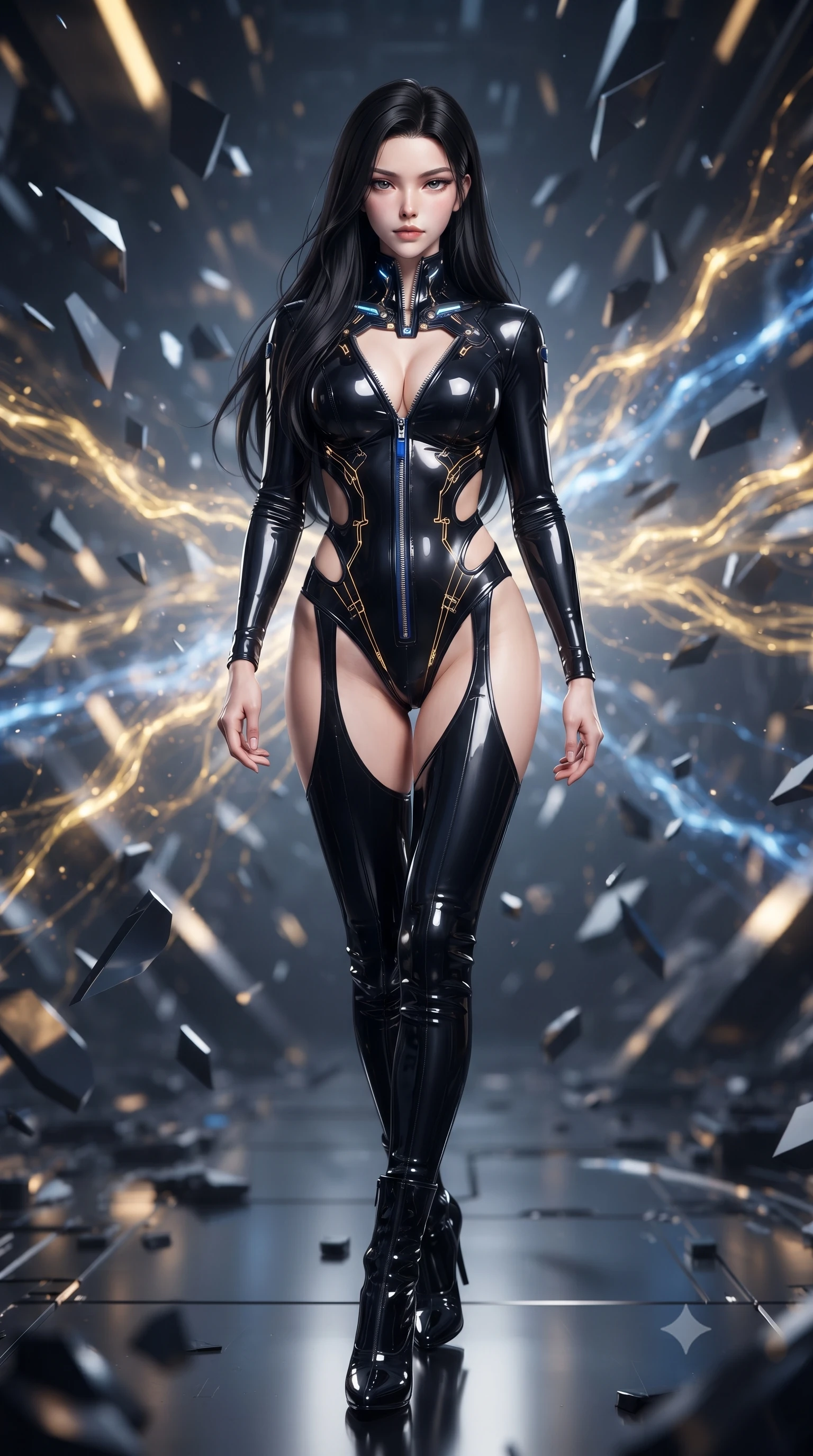 score_9, masterpiece, best quality, ultra-detailed, high-budget anime keyframe, editorial fashion photography, tasteful artistic composition, Korean woman. low angle full-body shot from head to toe showing her feet, filling the entire 9:16 vertical frame with her statuesque presence, stretching her vertical silhouette. striding forward in a proud, statuesque motion with a dangerous smolder, her vertical silhouette dominating the frame from head to toe while pivoting in mid-air amidst floating geometric alloy shards and pulsating gold energy streams. The composition keeps background elements in soft focus with creamy bokeh. molten energy streams blurring smoothly into a high-energy futuristic backdrop. She has an absolutely perfect, statuesque 8.5-heads proportion, an exceptionally tall and slender model-like female figure with impossibly long slender legs and an ultra-slim waist. sharp v-shaped jawline, high-bridge nose, intricate jewel-like eyes with depth, thick eyelashes, glossy lips with a natural sheen, flawlessly proportioned anatomical accuracy, natural body alignment, perfectly sculpted elegant limbs, clean dynamic posture without body distortion. wearing a glossy black second-skin latex bodysuit with high-thigh cuts, exposed clavicle neckline, and gleaming zipper details in midnight sapphire blue and glowing gold filaments, formed from high-gloss patent material with specular light reflections, featuring a dangerously unzipped neckline framed by glowing cybernetic accents, the daring cutouts accentuating her delicate midriff, graceful collarbones, and feminine contour. illuminated by intense volumetric energy beams and high-contrast specular reflections. ultra-reflective glossy finish, specular highlights, metallic sheen, high-contrast stereoscopic depth, volumetric dynamic lighting, 2k, ultra detail, master piece, 9:16 ratio