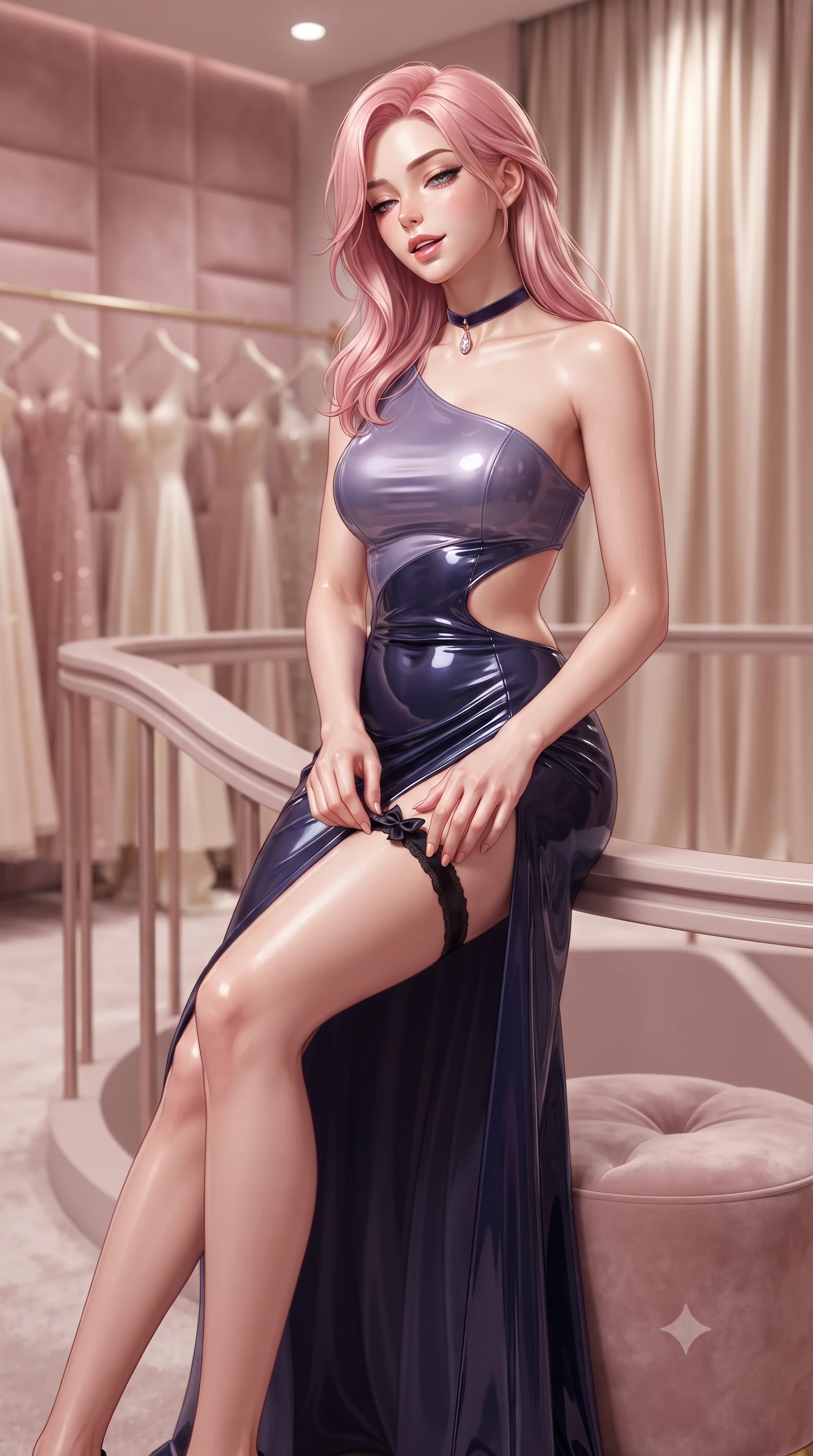 score_9, masterpiece, best quality, ultra-detailed, high-budget anime keyframe, editorial fashion photography, tasteful artistic composition, Japanese woman. close-up cowboy shot from the waist and thighs up, the character dominates the composition, filling the frame with her large presence. leaning back against the balustrade with relaxed seductive grace, head tilted back slightly while casting a hypnotic, heavy-lidded gaze while sitting perched on a blush velvet pouf with legs extended, adjusting a silk garter with effortless Parisian coquettish allure. The background shows a soft-focus blush pink velvet padded walls, racks of haute couture silk gowns, and champagne silk curtains blurred into rose, cream, and platinum bokeh. She has an exceptionally elegant, slender, and willowy female figure with an ultra-slim waist, flat toned midriff, narrow ribcage, and sculpted feminine hips creating an alluring, slim hourglass silhouette without bulk. sharp v-shaped jawline, high-bridge nose, sparkling eyes with hypnotic seductive depth, thick curled eyelashes, glossy parted lips with a natural dewy peach sheen, alluring bedroom-eyes with an enchanting coquettish smile, exuding magnetic siren charisma and sophisticated glamour, flawlessly proportioned anatomical accuracy, strict slender model proportions, natural body alignment, perfectly sculpted long slender limbs, ultra-slim waistline, clean dynamic posture without body distortion. wearing an asymmetric one-shoulder liquid jersey gown with dramatic hip-high slit and sculptural waist cutout in twilight lavender and midnight indigo, crafted from wet-look high-gloss vinyl fabric with dazzling specular surface reflections, finished with a thin velvet ribbon choker and a single teardrop diamond pendant, the precision-cut side openings and low-back scoop framing her graceful spine and the sensual sweep of her slim, toned hips. bathed in flattering high-CRI 3000K diffuse vanity perimeter illumination designed for fashion photography. ultra-reflective glossy finish, specular highlights, rich textural contrasts, high-contrast stereoscopic depth, volumetric dynamic lighting, 2k, ultra detail, master piece, 9:16 ratio