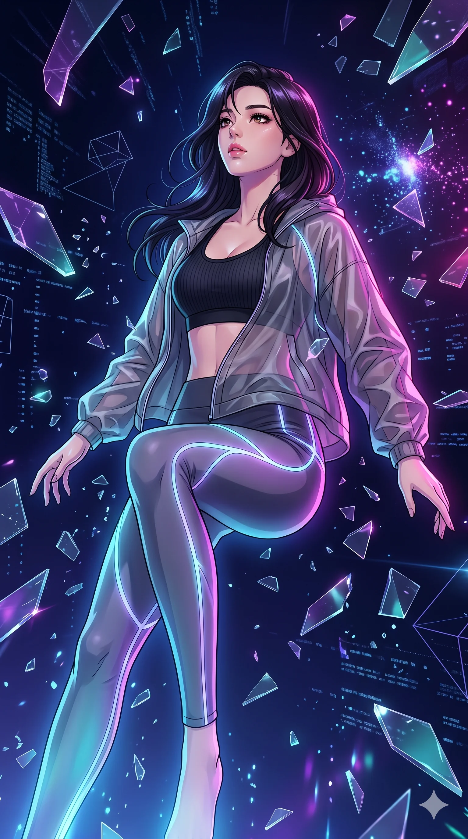 score_9, masterpiece, best quality, ultra-detailed, Set A: High-budget Anime Keyframe, Korean woman. Low angle cowboy shot filling the entire 9:16 frame with her statuesque presence. Floating through a virtual reality void, as gravity fails and everything around her floats in state 156 and surrounded by shattered glass fragments. She has an absolutely perfect 8-heads proportion, an exceptionally tall and slender female figure with impossibly long slender legs and an ultra-slim waist. Sharp v-shaped jawline, high-bridge nose, intricate jewel-like eyes with depth, thick eyelashes, glossy lips with a natural sheen. Wearing Athleisure set with a ribbed sports bra, sheer windbreaker, and glowing energy seams. Cinematic lighting, vibrant colors, dramatic shadows, 2k, ultra detail, master piece, 9:16 ratio