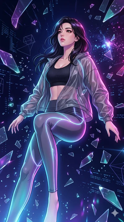 score_9, masterpiece, best quality, ultra-detailed, Set A: High-budget Anime Keyframe, Korean woman. Low angle cowboy shot filling the entire 9:16 frame with her statuesque presence. Floating through a virtual reality void, as gravity fails and every