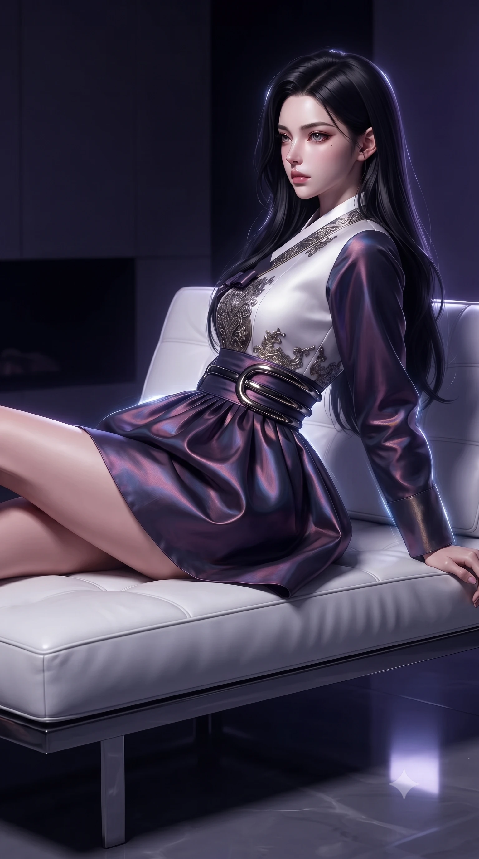 score_9, masterpiece, best quality, ultra-detailed, high-budget anime keyframe, editorial fashion photography, tasteful artistic composition, Korean woman. close-up cowboy shot from the waist and thighs up, the character dominates the composition, filling the frame with her large presence, background elements kept in soft focus. Turning her face in sharp dramatic profile against the key light, lounging on a sleek white leather daybed under dark purple ambient lights, high-tech minimalist interior fading into soft pitch-black background focus. She has an exceptionally elegant, slender, and willowy female figure with an ultra-slim waist, a gracefully sculpted slender torso, and a refined silhouette. sharp v-shaped jawline, high-bridge nose, intricate jewel-like eyes with depth, thick eyelashes, glossy lips with a natural sheen. wearing modern fusion white hanbok dress with structured gold-embroidered bodice in metallic dark silver, made of iridescent dark violet taffeta, accented with sculpted obsidian chrome rings at the waist, the fitted fabric emphasizing her ultra-slim waist. surrounded by a glowing matrix aura with sharp edge highlights. ultra-reflective glossy finish, specular highlights, metallic sheen, high-contrast stereoscopic depth, volumetric dynamic lighting, 2k, ultra detail, master piece, 9:16 ratio