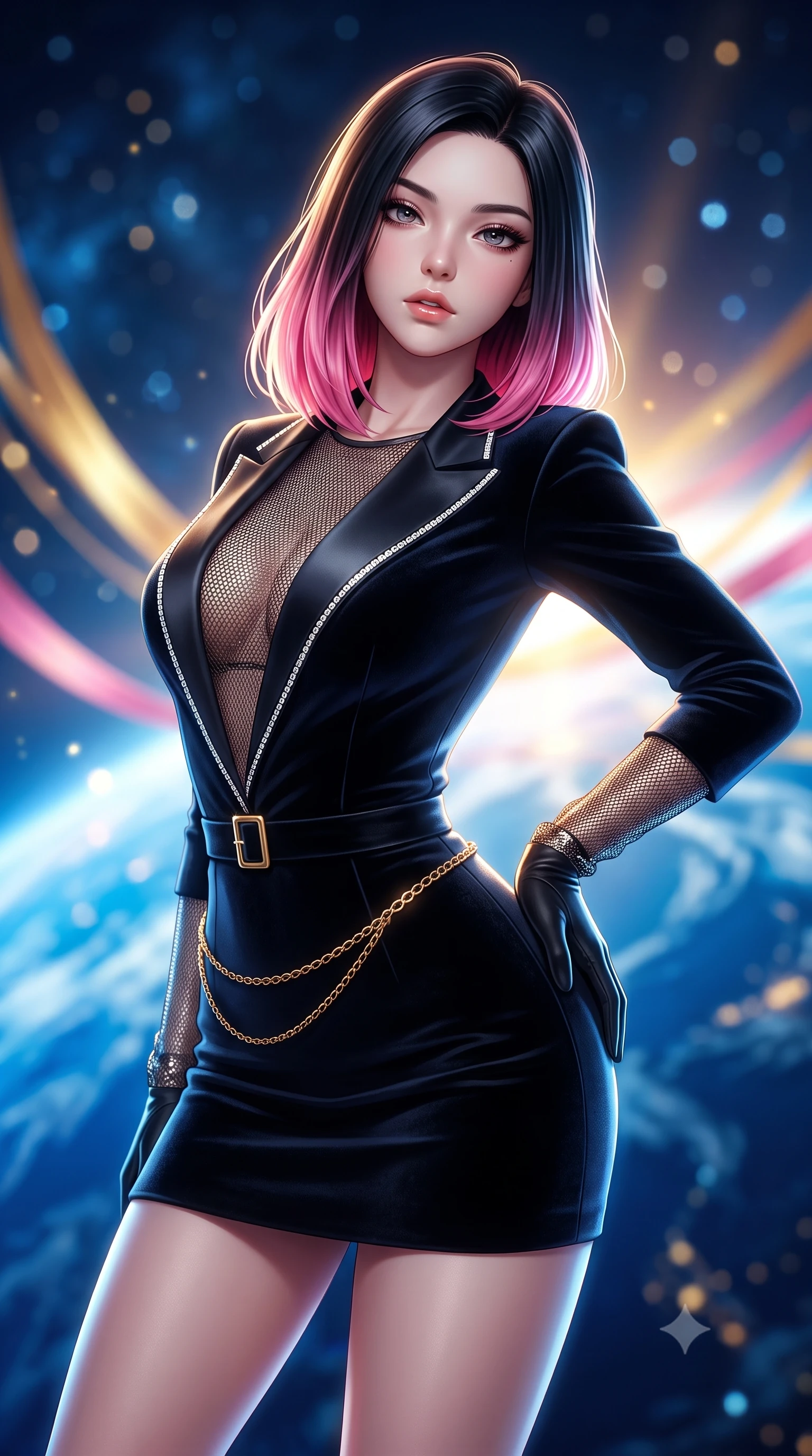 score_9, masterpiece, best quality, ultra-detailed, high-budget anime keyframe, semi-realistic 3D game render, editorial fashion photography, tasteful artistic composition, Korean woman. close-up cowboy shot from the waist and thighs up, the character dominates the composition, filling the frame with her large presence. arching her spine backward with effortless dancer poise, one hand sliding along her hip line as directional light carves specular highlights along her silhouette while pivoting gracefully along the illuminated orbital corridor, her liquid metallic garments clinging to her sculpted flat midriff and feminine hips. The composition keeps background elements in soft focus with creamy bokeh. swirling blue Earth oceans and blinding orbital sunrise ribbons blurred into deep azure, liquid gold, and starlight diamond bokeh. She has an exceptionally elegant, slender, and willowy female figure with an ultra-slim waist, flat toned midriff, narrow ribcage, and sculpted feminine hips creating an alluring, slim hourglass silhouette without bulk. sharp v-shaped jawline, high-bridge nose, intricate jewel-like eyes with depth, thick eyelashes, glossy parted lips with a natural sheen, intensely captivating and seductive bedroom-eyes expression, flawlessly proportioned anatomical accuracy, strict slender model proportions, natural body alignment, perfectly sculpted long slender limbs, ultra-slim waistline, clean dynamic posture without body distortion. wearing a tailored velvet tuxedo jacket dress with satin lapels, worn with a deep plunge neckline and gold hip buckle in pitch-black velvet with diamond crystal trim, made of fluid silk crepe with delicate inner corsetry boning, accented with a delicate gold chain belt resting loosely on her curvy hips, the second-skin form-contouring cut accentuating her sculpted flat midriff, narrow delicate ribcage, and gracefully curvy hips with supermodel precision. bathed in radiant golden orbital sunrise backlighting and ambient cool blue Earth glow from below. highly saturated vibrant anime colors, detailed shading with soft gradients, rich glossy textures, high-contrast stereoscopic depth, volumetric dynamic lighting, master piece, 9:16 ratio