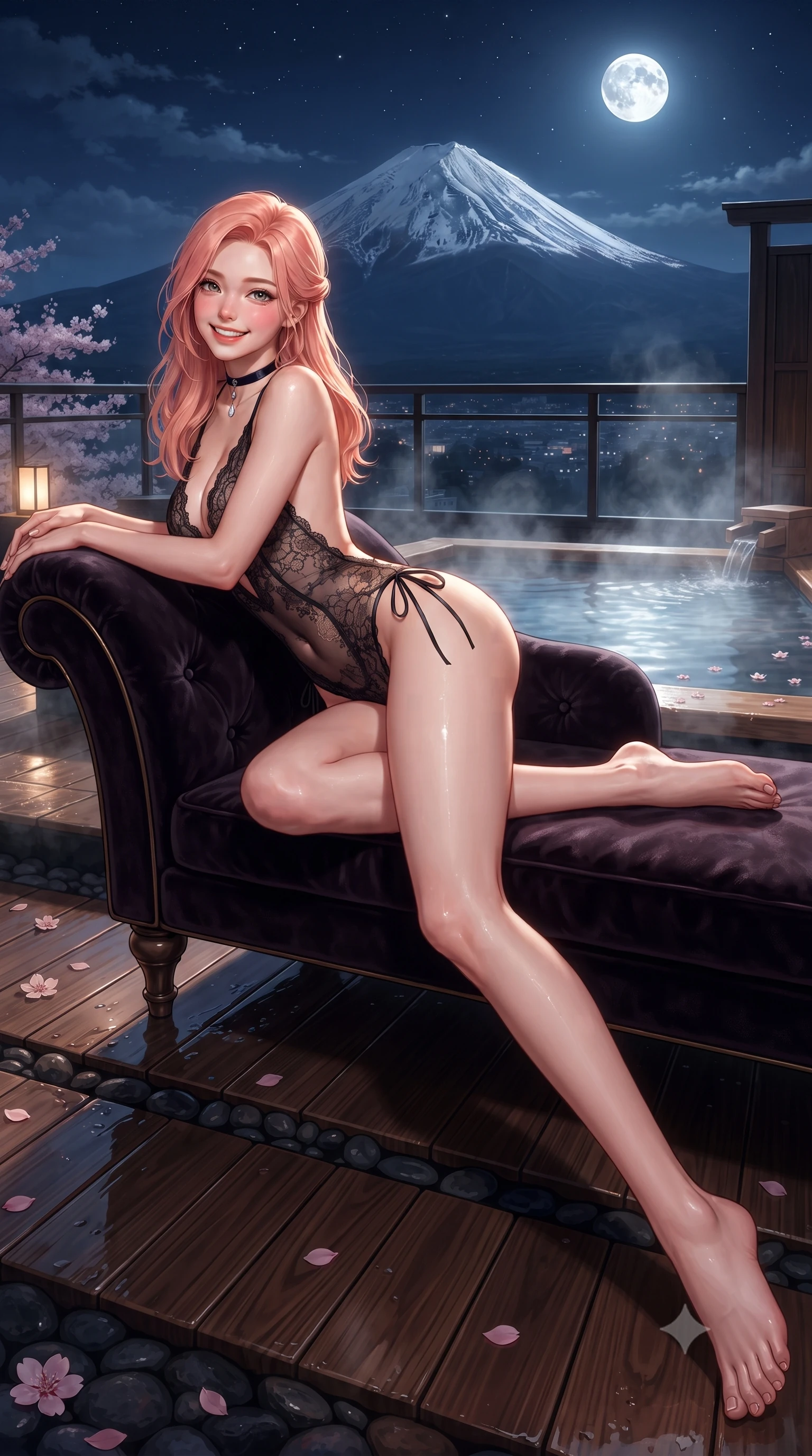 score_9, masterpiece, best quality, ultra-detailed, high-budget anime keyframe, editorial fashion photography, tasteful artistic composition, Japanese woman. low angle full-body shot from head to toe showing her feet, filling the entire 9:16 vertical frame with her statuesque presence, stretching her vertical silhouette. reclining gracefully across the plush chaise lounge with one leg extended, her sculpted silhouette and flat midriff radiating magnetic nocturnal glamour while standing poised on the heated cypress deck beside the steaming rooftop onsen, arching her lower back with siren allure as the snow-capped cone of Mount Fuji gleams under full moonlight. The surrounding environment is rendered in vivid detail and crisp panoramic clarity: sharp wet aromatic hinoki wood grain, polished dark river stone borders, and floating cherry blossom petals in deep focus. She has an exceptionally tall and slender model-like 8.5-heads proportion, an ultra-slim waist, a flat toned midriff, narrow delicate ribcage, and beautifully sculpted feminine hips creating a graceful, slim hourglass silhouette without any bulky heaviness, with impossibly long slender legs. sharp v-shaped jawline, high-bridge nose, intricate jewel-like sparkling eyes with depth, thick eyelashes, glossy parted lips with a natural peach sheen, bright cheerful beaming smile with an enchanting and coquettish sensual glint, exuding both youthful cute charm and seductive allure, flawlessly proportioned anatomical accuracy, strict slender model proportions, natural body alignment, perfectly sculpted long slender limbs, ultra-slim waistline, clean dynamic posture without body distortion. wearing an alluring semi-sheer botanical lace teddy with open back and delicate satin ties along the hips in Shanghai noir black and imperial 24k gold, crafted from fluid liquid silk satin that clings smoothly to her narrow waist and rounded hips with a dewy sheen, finished with a thin velvet ribbon choker and a single teardrop diamond pendant, the form-contouring silhouette accentuating her sculpted flat midriff, narrow delicate ribcage, and gracefully curvy hips with intoxicating allure. illuminated by hot spring caustics bounce and sharp platinum-rose rim lights sculpting her cheekbones, flat midriff, and curvaceous hips. ultra-reflective glossy finish, specular highlights, rich textural contrasts, high-contrast stereoscopic depth, volumetric dynamic lighting, 2k, ultra detail, master piece, 9:16 ratio