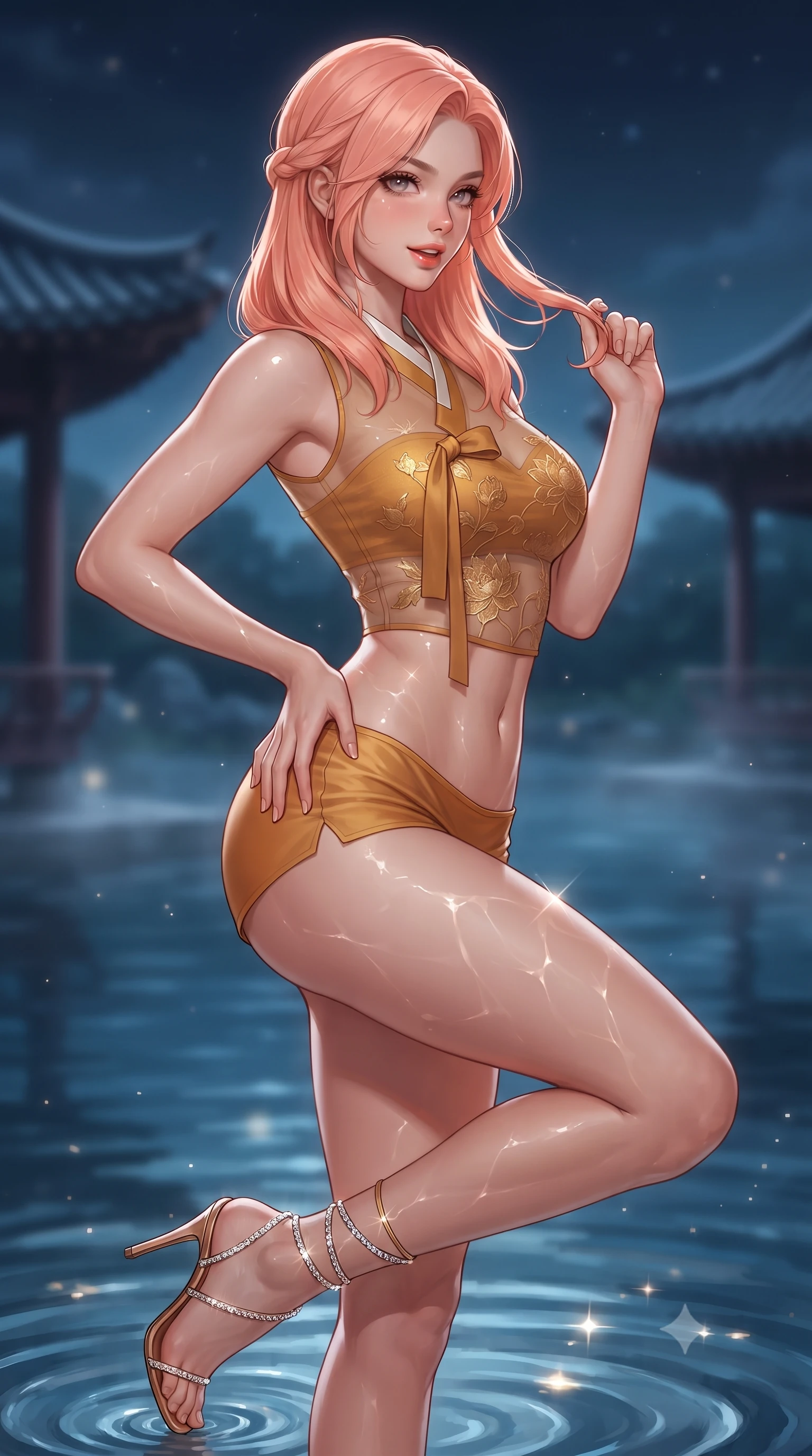 score_9, masterpiece, best quality, ultra-detailed, high-budget anime keyframe, editorial fashion photography, tasteful artistic composition, Japanese woman. close-up cowboy shot from the waist and thighs up, the character dominates the composition, filling the frame with her large presence. twisting her slender torso in an alluring contrapposto stance, one hand resting on her sculpted hip while her fingers toy with her hair with effortless poise while twisting her slender torso in an alluring S-curve, water rippling below casting liquid reflections over her flat midriff and hips. The background shows a soft-focus curved pavilion roofs in the distance softened in dreamy nocturnal landscape shallow focus. She has an exceptionally elegant, slender, and willowy female figure with an ultra-slim waist, flat toned midriff, narrow ribcage, and sculpted feminine hips creating an alluring, slim hourglass silhouette without bulk. sharp v-shaped jawline, high-bridge nose, sparkling eyes with hypnotic seductive depth, thick curled eyelashes, glossy parted lips with a natural dewy peach sheen, alluring bedroom-eyes with an enchanting coquettish smile, exuding magnetic siren charisma and sophisticated glamour, flawlessly proportioned anatomical accuracy, strict slender model proportions, natural body alignment, perfectly sculpted long slender limbs, ultra-slim waistline, clean dynamic posture without body distortion. wearing a form-contouring sheer organza hanbok bodice with delicate lotus embroidery paired with low-rise silk hot-pants in warm amber honey and antique gold leaf, tailored from fine ribbed modal knit with gentle elastic contouring and soft hand-feel, complemented by strappy stiletto sandals with crystal ankle wraps accentuating her slender calves, the second-skin tailored fabric adhering flawlessly to her sculpted flat midriff and slender torso, emphasizing her long leg lines and perfectly proportioned willowy build. illuminated by aquatic reflection bounce and sharp silvery rim lighting defining her razor-sharp jawline, narrow waist, and curvy hips. ultra-reflective glossy finish, specular highlights, rich textural contrasts, high-contrast stereoscopic depth, volumetric dynamic lighting, 2k, ultra detail, master piece, 9:16 ratio