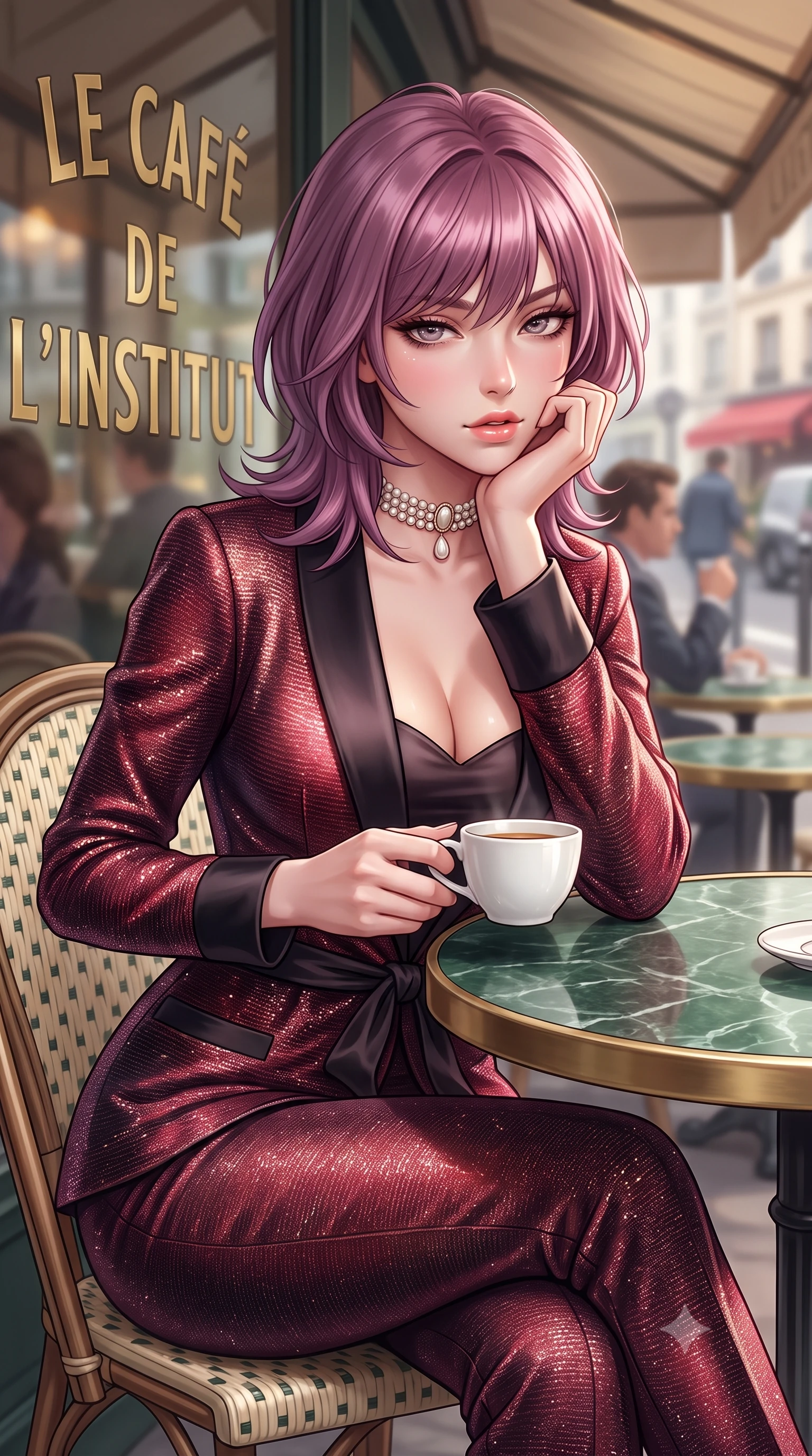 score_9, masterpiece, best quality, ultra-detailed, high-budget anime keyframe, semi-realistic 3D game render, editorial fashion photography, tasteful artistic composition, Japanese woman. close-up cowboy shot from the waist and thighs up, the character dominates the composition, filling the frame with her large presence. resting one elbow on the table and supporting her chin, leaning close to the camera with heavy-lidded sparkling eyes and parted lips while sitting poised at a round green marble bistrot table beneath the heated cafe awning, cradling a porcelain cup with a radiant French smile. The background shows a soft-focus brass café lettering on glass softened in romantic Left Bank intellectual shallow focus. She has an exceptionally elegant, slender, and willowy female figure with an ultra-slim waist, flat toned midriff, narrow ribcage, and sculpted feminine hips creating an alluring, slim hourglass silhouette without bulk. sharp v-shaped jawline, high-bridge nose, intricate jewel-like sparkling eyes with depth, thick eyelashes, glossy parted lips with a natural peach sheen, bright cheerful beaming smile with an enchanting and coquettish sensual glint, exuding both youthful cute charm and seductive allure, flawlessly proportioned anatomical accuracy, strict slender model proportions, natural body alignment, perfectly sculpted long slender limbs, ultra-slim waistline, clean dynamic posture without body distortion. wearing a sleek Taisho-modern tailored smoking jacket with a cinched silk sash worn over a body-hugging satin bustier top and fitted slacks in Kyoto autumn maple crimson and deep ink black, woven from stretch metallic lurex knit casting subtle luminous champagne glints across her contours, complemented by an antique baroque pearl choker accentuating her delicate neck and collarbones, the body-conscious tailored knit hugging her sculpted torso and curvaceous hips in a seamless, fluid line that highlights her statuesque model proportions. illuminated by zinc counter and marble tabletop bounce with delicate platinum rim lights sculpting her features and slender waist. highly saturated vibrant anime colors, detailed shading with soft gradients, rich glossy textures, high-contrast stereoscopic depth, volumetric dynamic lighting, master piece, 9:16 ratio
