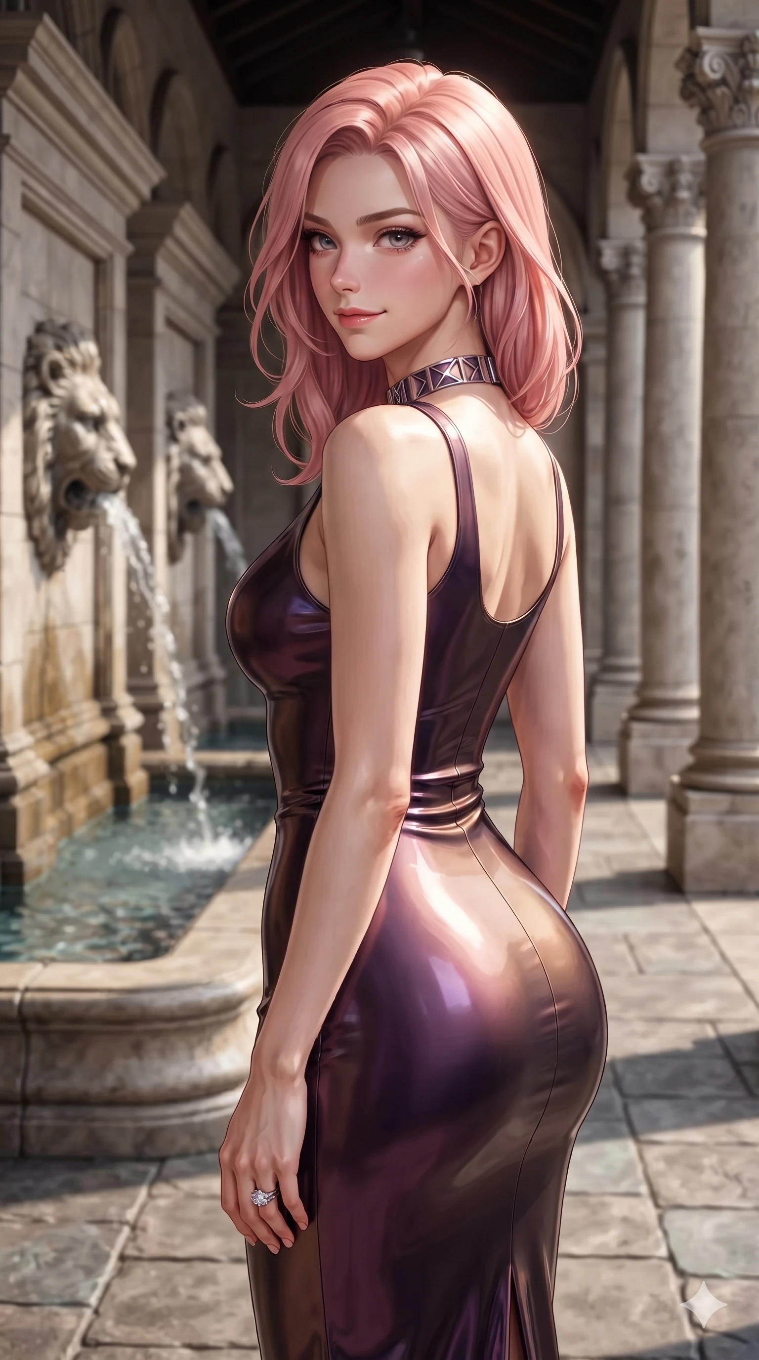 score_9, masterpiece, best quality, ultra-detailed, high-budget anime keyframe, editorial fashion photography, tasteful artistic composition, Japanese woman. close-up cowboy shot from the waist and thighs up, the character dominates the composition, filling the frame with her large presence. turning over a bare shoulder with an intoxicating, teasing smile, her soft hair framing her sharp jawline as her hips angle gracefully in a captivating contrapposto while walking along the cloistered walkway with poise, looking back over her bare shoulder with an irresistible bedroom-gaze. The surrounding environment is rendered in vivid detail and crisp panoramic clarity: sharp carved lion-head fountain water spouts, limestone column fluting, and clear water ripple caustics on stone pavers in deep focus. She has an exceptionally elegant, slender, and willowy female figure with an ultra-slim waist, flat toned midriff, narrow ribcage, and sculpted feminine hips creating an alluring, slim hourglass silhouette without bulk. sharp v-shaped jawline, high-bridge nose, intricate jewel-like eyes with depth, thick eyelashes, glossy parted lips with a natural sheen, intensely captivating and seductive bedroom-eyes expression, flawlessly proportioned anatomical accuracy, strict slender model proportions, natural body alignment, perfectly sculpted long slender limbs, ultra-slim waistline, clean dynamic posture without body distortion. wearing a form-fitting liquid mercury jersey evening dress clinging smoothly to her narrow waist and rounded hips in deep plum violet and antique bronze, tailored from high-gloss patent leather with mirror-like specular highlights, complemented by a bold geometric choker and sparkling cocktail ring, the second-skin form-contouring cut accentuating her sculpted flat midriff, narrow delicate ribcage, and gracefully curvy hips with supermodel precision. sharp directional rim lights sculpting her razor-sharp jawline, narrow waist, and curvy hips. ultra-reflective glossy finish, specular highlights, rich textural contrasts, high-contrast stereoscopic depth, volumetric dynamic lighting, 2k, ultra detail, master piece, 9:16 ratio