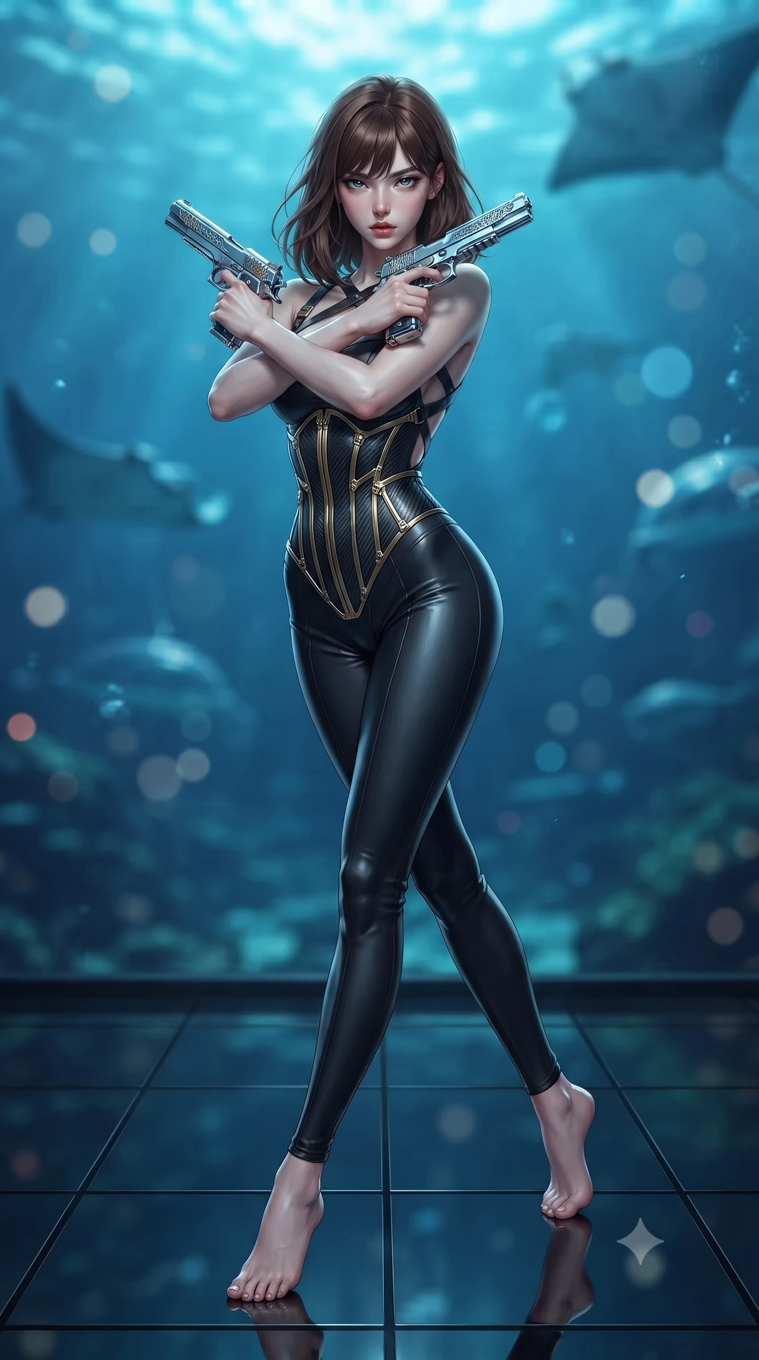 score_9, masterpiece, best quality, ultra-detailed, high-budget anime keyframe, editorial fashion photography, tasteful artistic composition, Korean woman. low angle full-body shot from head to toe showing her feet, filling the entire 9:16 vertical frame with her statuesque presence, stretching her vertical silhouette. pivoting dynamically in mid-motion with a breathtakingly alluring posture, displaying her flawless model proportions, toned flat midriff, and ultra-slim waist while landing gracefully on the black glass floor of a submerged underwater vault while crossing twin chrome particle pistols in tactical poise. The composition keeps background elements in soft focus with creamy bokeh. swimming deep-sea manta rays and aquatic dome water ripples blurred into rich sapphire, cyan, and indigo bokeh. She has an absolutely perfect, statuesque 8.5-heads proportion, an exceptionally tall and slender model-like female figure with impossibly long slender legs, a toned flat midriff, and an ultra-slim waist. sharp v-shaped jawline, high-bridge nose, intricate jewel-like eyes with depth, thick eyelashes, glossy lips with a natural sheen, flawlessly proportioned anatomical accuracy, strict slender model proportions, natural body alignment, perfectly sculpted long slender limbs, ultra-slim waistline, clean dynamic posture without body distortion. wearing a precision-tailored high-fashion carbon-fiber corset bodysuit with gold mechanical rib boning, wielding a glowing energy katana with royal elegance in glacial ice-cyan carbon mesh with pure white armor plates, made of liquid carbon-jersey fabric adhering flawlessly to her sculpted silhouette, complemented by criss-cross back harness straps highlighting her completely bare spine, the glove-like aerodynamic second-skin fit tightly clinging to her ultra-slender waist and athletic curves without adding bulk, accentuating her razor-sharp statuesque lines and slim hourglass silhouette. surrounded by an ultra-sleek, stealthy, and intensely seductive oceanic special-operative aura. ultra-reflective glossy finish, specular highlights, dark metallic sheen, high-contrast stereoscopic depth, volumetric dynamic lighting, 2k, ultra detail, master piece, 9:16 ratio