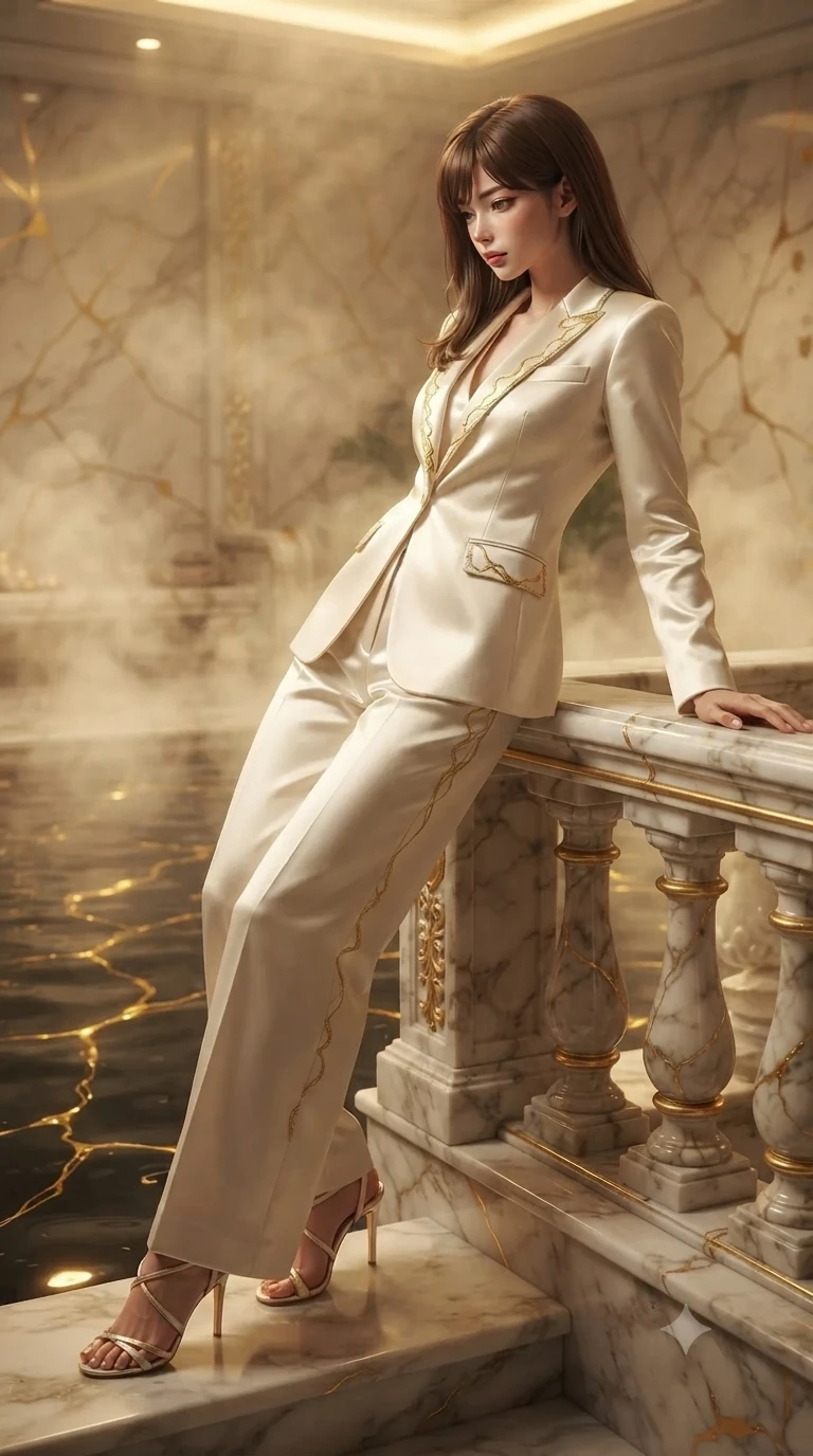 score_9, masterpiece, best quality, ultra-detailed, high-budget anime keyframe, editorial fashion photography, tasteful artistic composition, Korean woman. close-up cowboy shot from the waist and thighs up, the character dominates the composition, filling the frame with her large presence. leaning back against the balustrade with relaxed seductive grace, head tilted back slightly while casting a hypnotic, heavy-lidded gaze while leaning against the carved marble balustrade with hips cocked back, watching golden liquid veins ripple across the dark water with smoldering bedroom-eyes. The background shows a soft-focus thermal mineral steam softened in ultra-luxury private kintsugi spa shallow focus. She has an exceptionally elegant, slender, and willowy female figure with an ultra-slim waist, flat toned midriff, narrow ribcage, and sculpted feminine hips creating an alluring, slim hourglass silhouette without bulk. sharp v-shaped jawline, high-bridge nose, intricate jewel-like sparkling eyes with depth, thick eyelashes, glossy parted lips with a natural peach sheen, bright cheerful beaming smile with an enchanting and coquettish sensual glint, exuding both youthful cute charm and seductive allure, flawlessly proportioned anatomical accuracy, strict slender model proportions, natural body alignment, perfectly sculpted long slender limbs, ultra-slim waistline, clean dynamic posture without body distortion. wearing a bespoke celestial tailored pantsuit in liquid ivory silk with golden kintsugi embroidery tracing the lapels in deep obsidian black and liquid molten platinum, crafted from bespoke double-faced cashmere with an exceptionally soft tactile finish, complemented by strappy stiletto sandals with metallic ankle wraps accentuating her slender calves, the impeccably tailored cut draping gracefully along her slender figure with aristocratic poise. bathed in warm 2200K golden candlelight mixed with underwater liquid gold thermal LEDs. ultra-reflective glossy finish, specular highlights, rich textural contrasts, high-contrast stereoscopic depth, volumetric dynamic lighting, 2k, ultra detail, master piece, 9:16 ratio